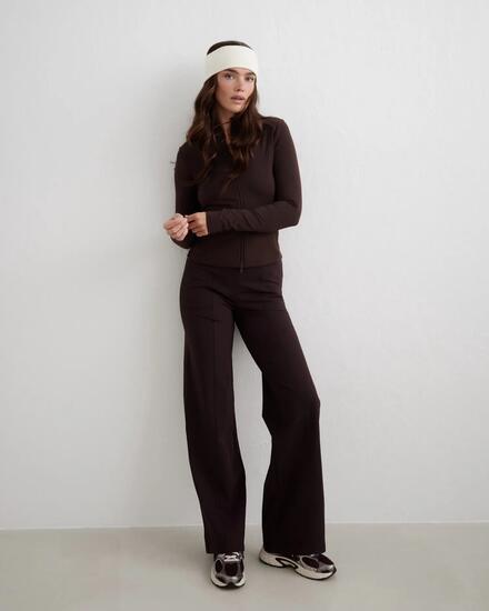 Femme Pantalon Décontracté Taille Haute Poches Zippées Chaud À Pinces Cacao