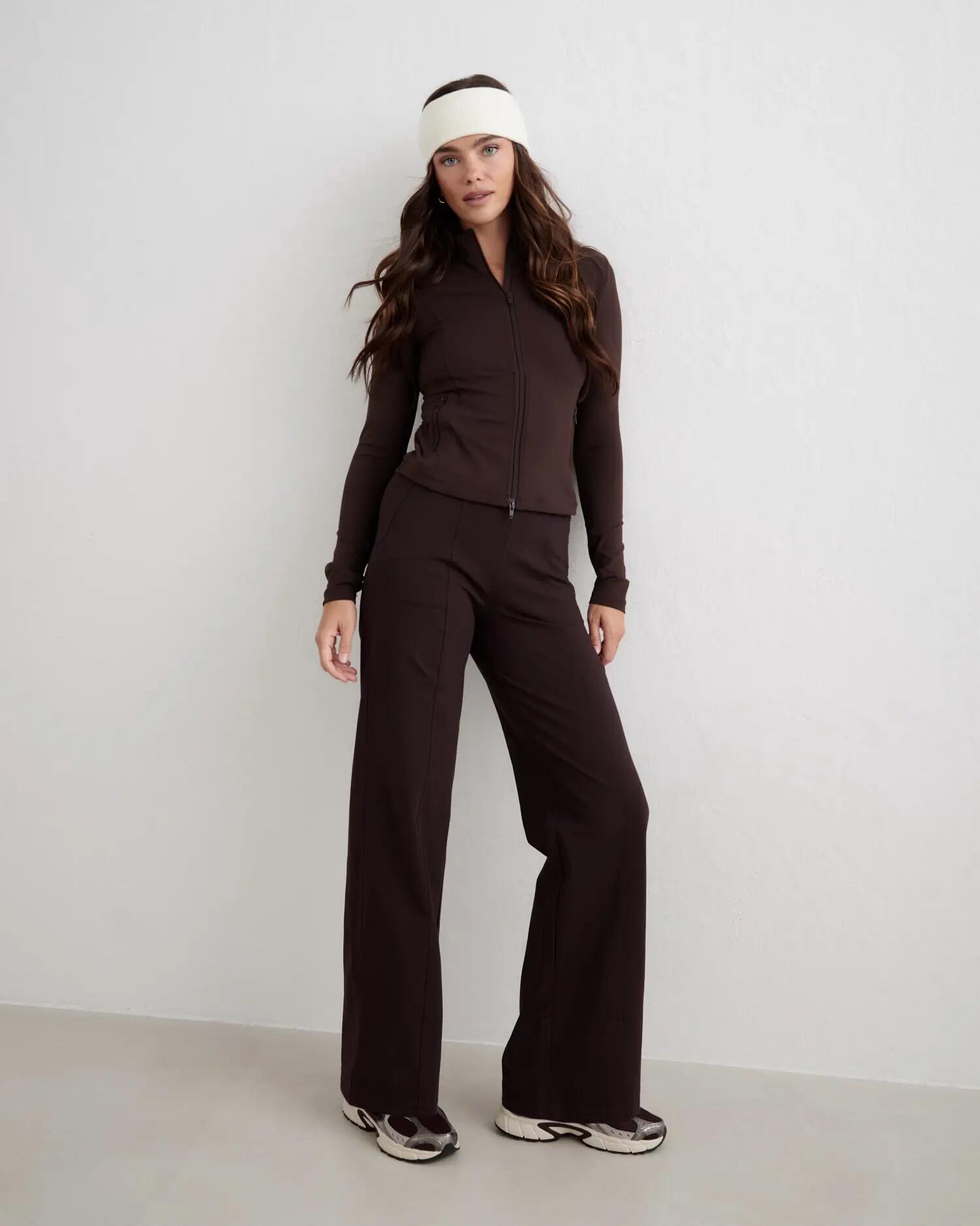 Donna Pantaloni Rilassati Vita Alta Tasche con Cerniera Caldi con Piega Cacao 3/5