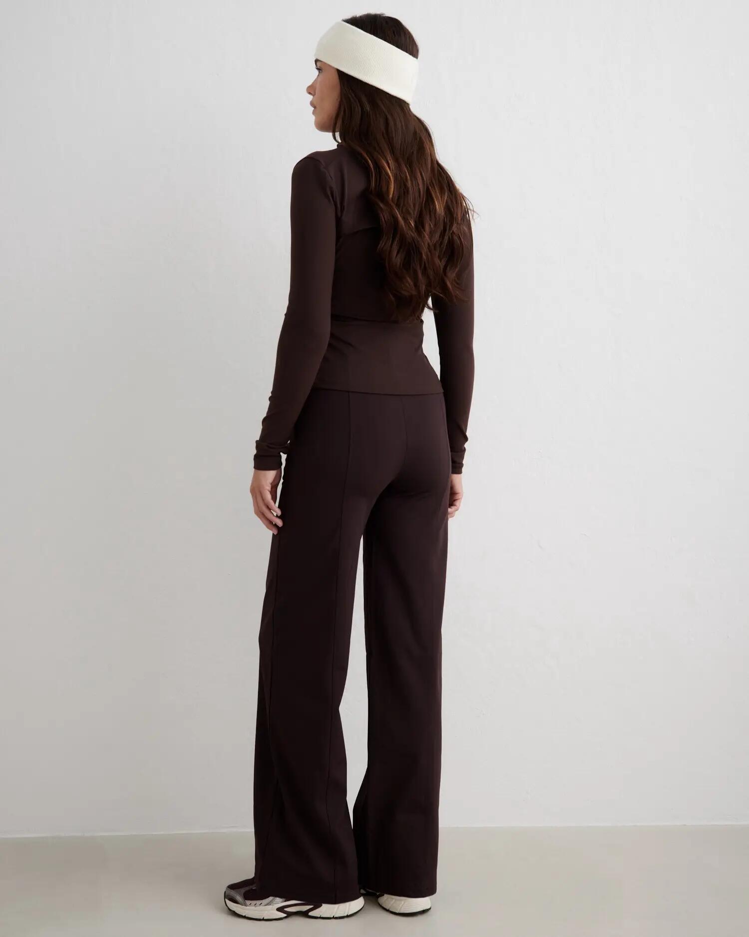 Donna Pantaloni Rilassati Vita Alta Tasche con Cerniera Caldi con Piega Cacao 2/5