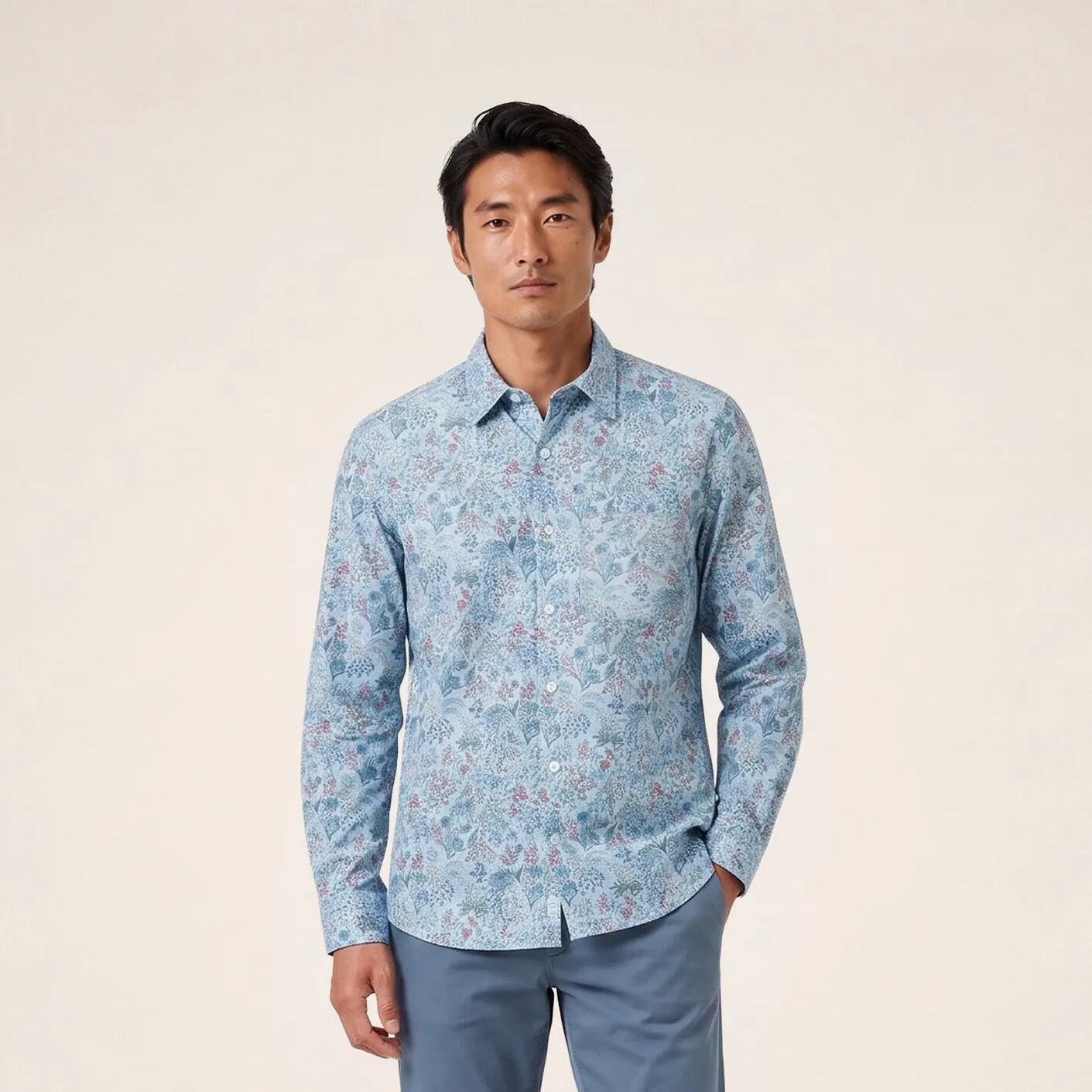Chemise manches longues velours côtelé floral bleu 2/6