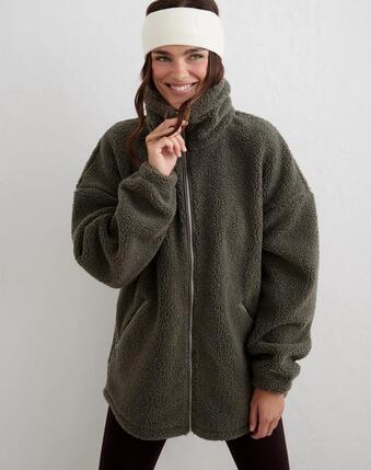 Femme Veste pelucheuse doublée polaire ample zippée intégrale Lierre foncé