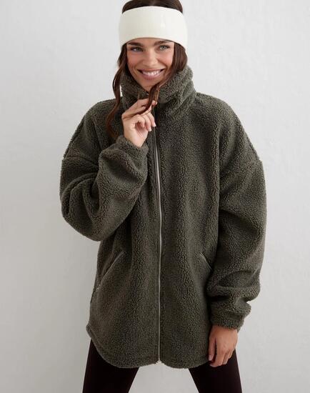 Femme Veste pelucheuse doublée polaire ample zippée intégrale Lierre foncé
