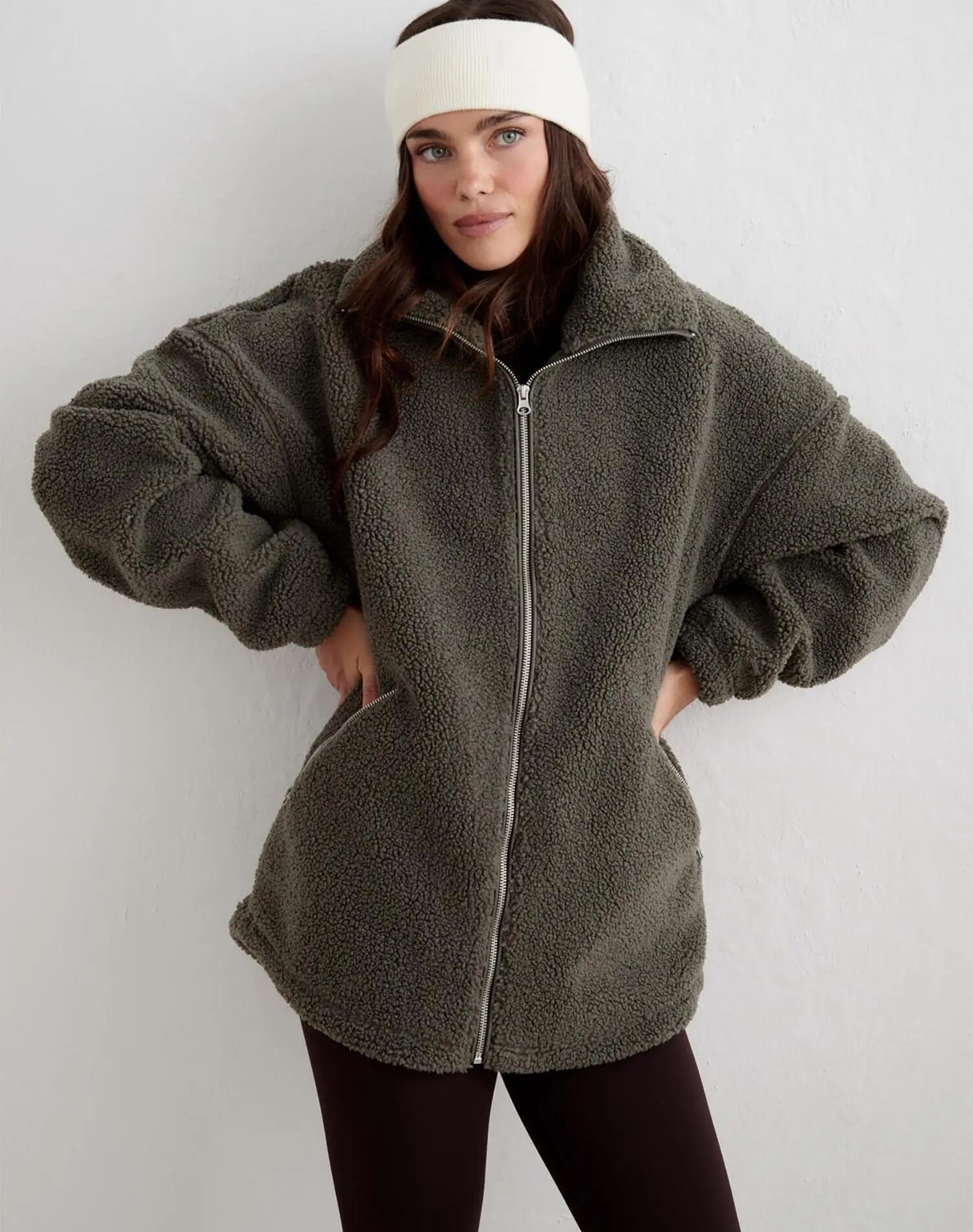 Damen Jacke mit Fleecefutter Weit Reißverschluss Flor Dunkles Efeugrün 4/5