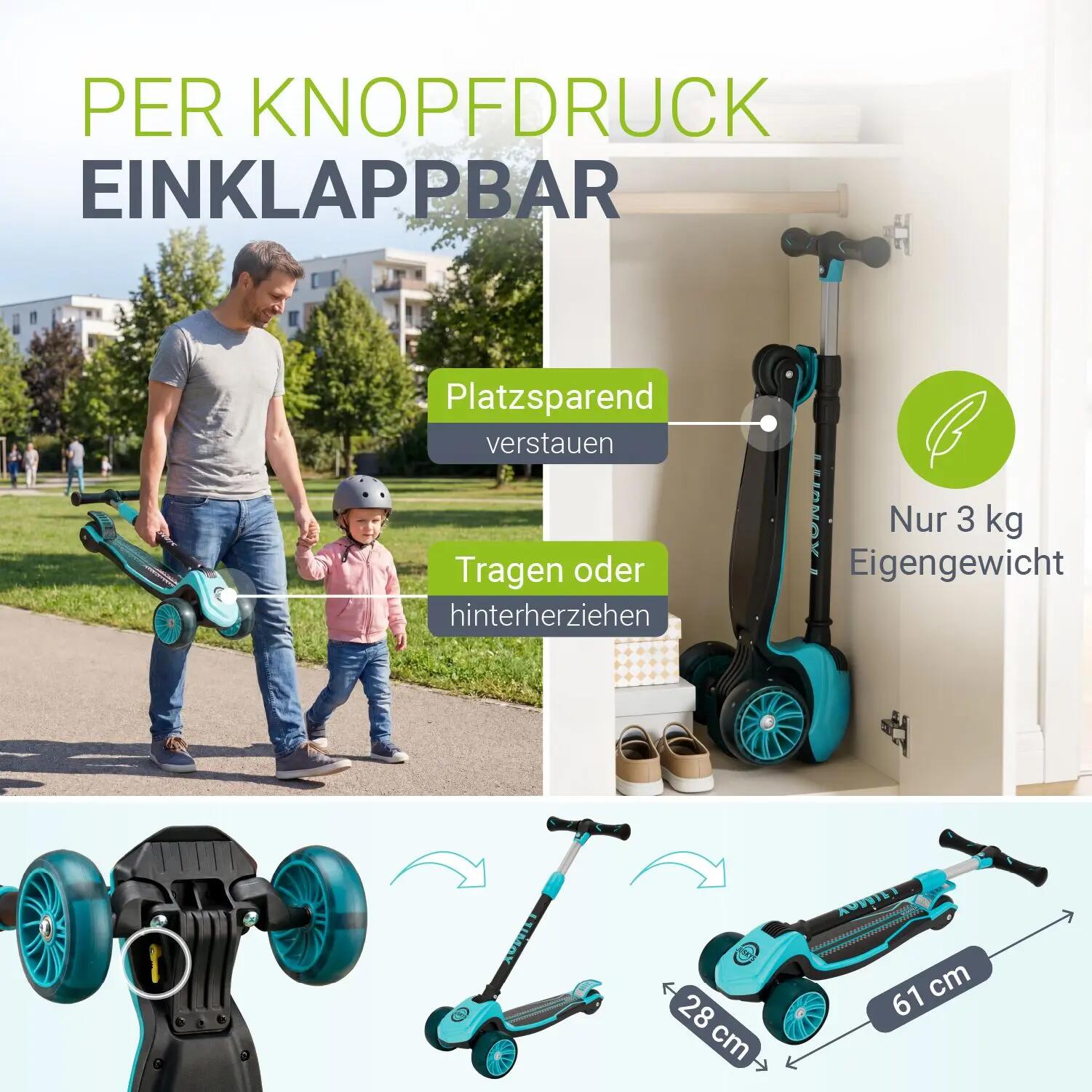 JUSKYS Kinderroller Lumox Blau LED-Rollen & höhenverstellbar 5/7