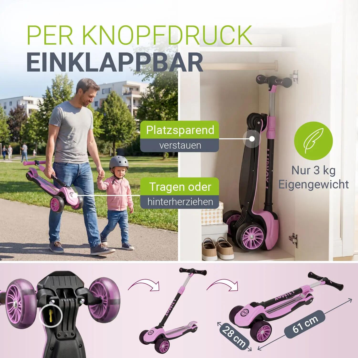 JUSKYS Kinderroller Lumox Rosa LED-Rollen & höhenverstellbar 5/7