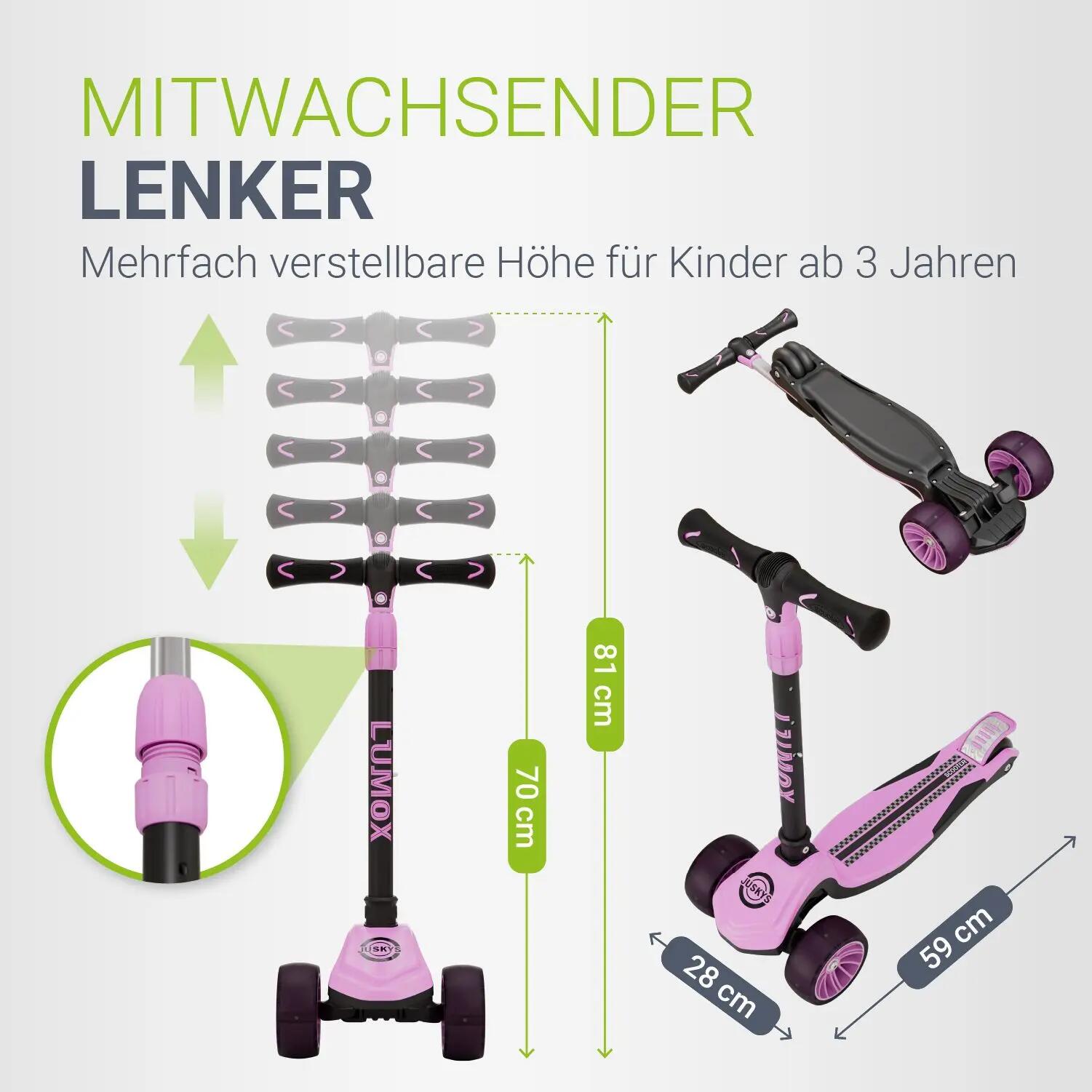 JUSKYS Kinderroller Lumox Rosa LED-Rollen & höhenverstellbar 3/7