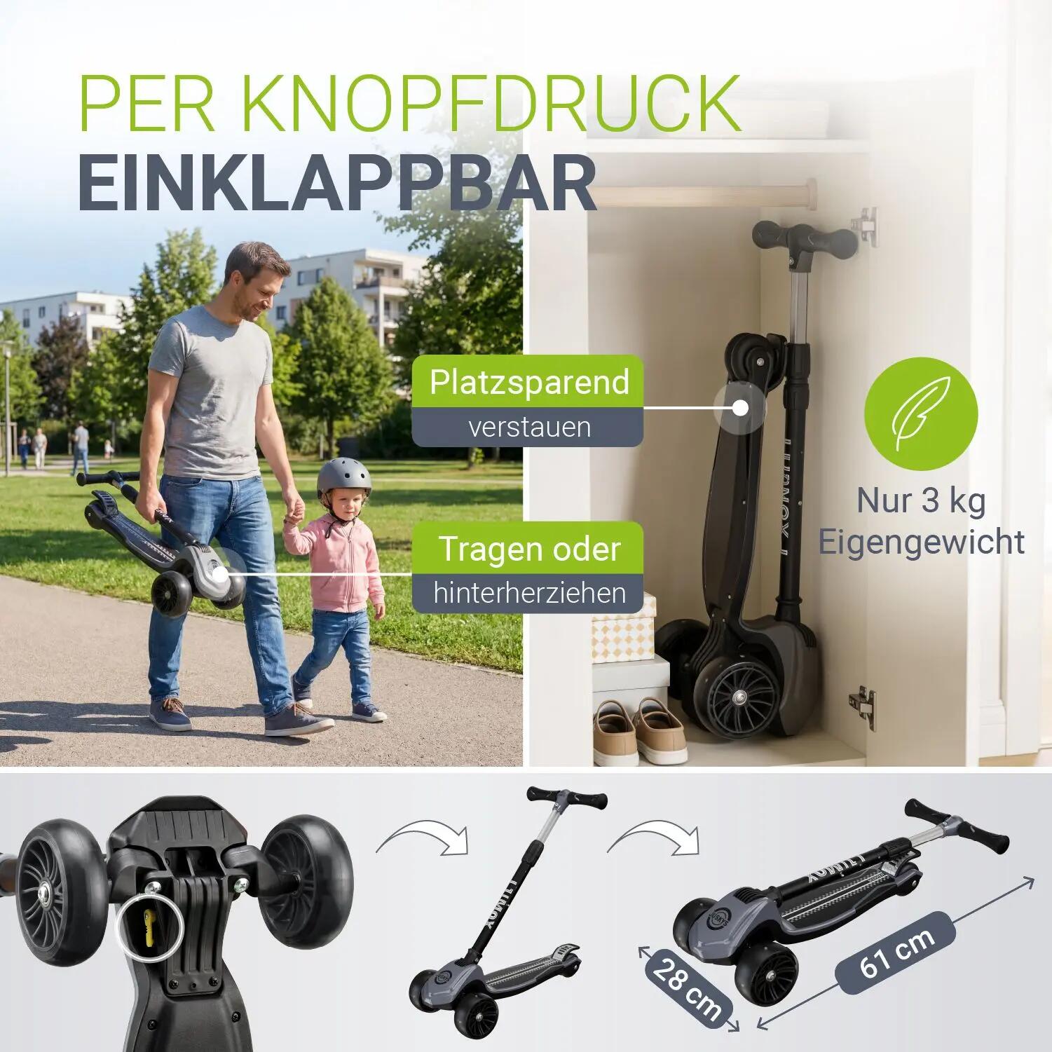 JUSKYS Kinderroller Lumox Schwarz LED-Rollen & höhenverstellbar 5/7