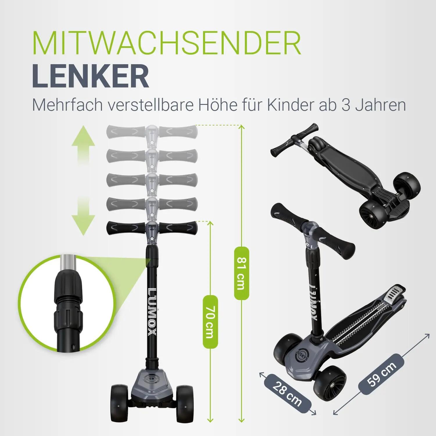 JUSKYS Kinderroller Lumox Schwarz LED-Rollen & höhenverstellbar 3/7