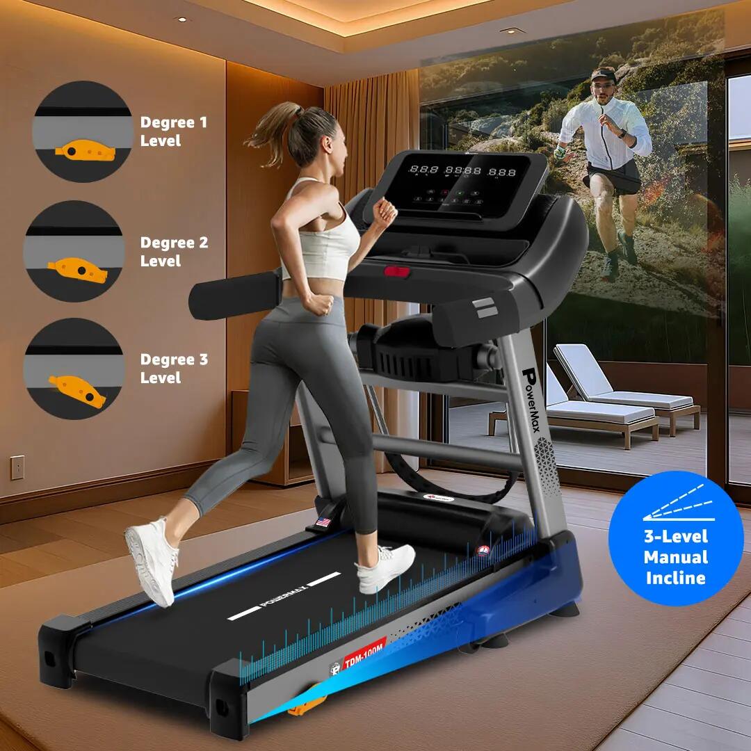 PowerMax Fitness TDM-100M (4HP Peak) Multi-Function Treadmill For Home Use With Massager |treadmill for 105Kg user weight| 6 Level Incline | Top Speed:14.8 Km/hr Spring Resistance | LED Display | AUX -  4