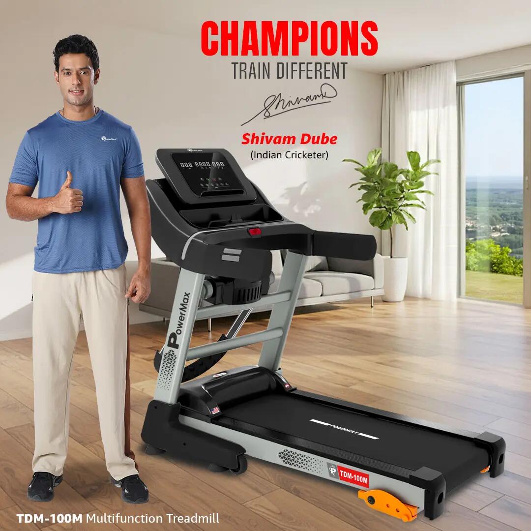 PowerMax Fitness TDM-100M (4HP Peak) Multi-Function Treadmill For Home Use With Massager |treadmill for 105Kg user weight| 6 Level Incline | Top Speed:14.8 Km/hr Spring Resistance | LED Display | AUX -  2