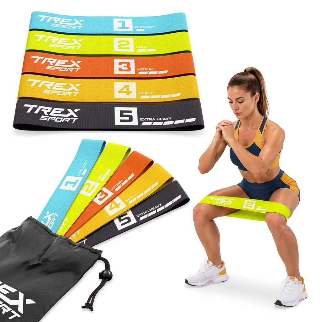Комплект 5 текстилни Mini Band ластика Trex Sport 2,5–25 кг с калъф