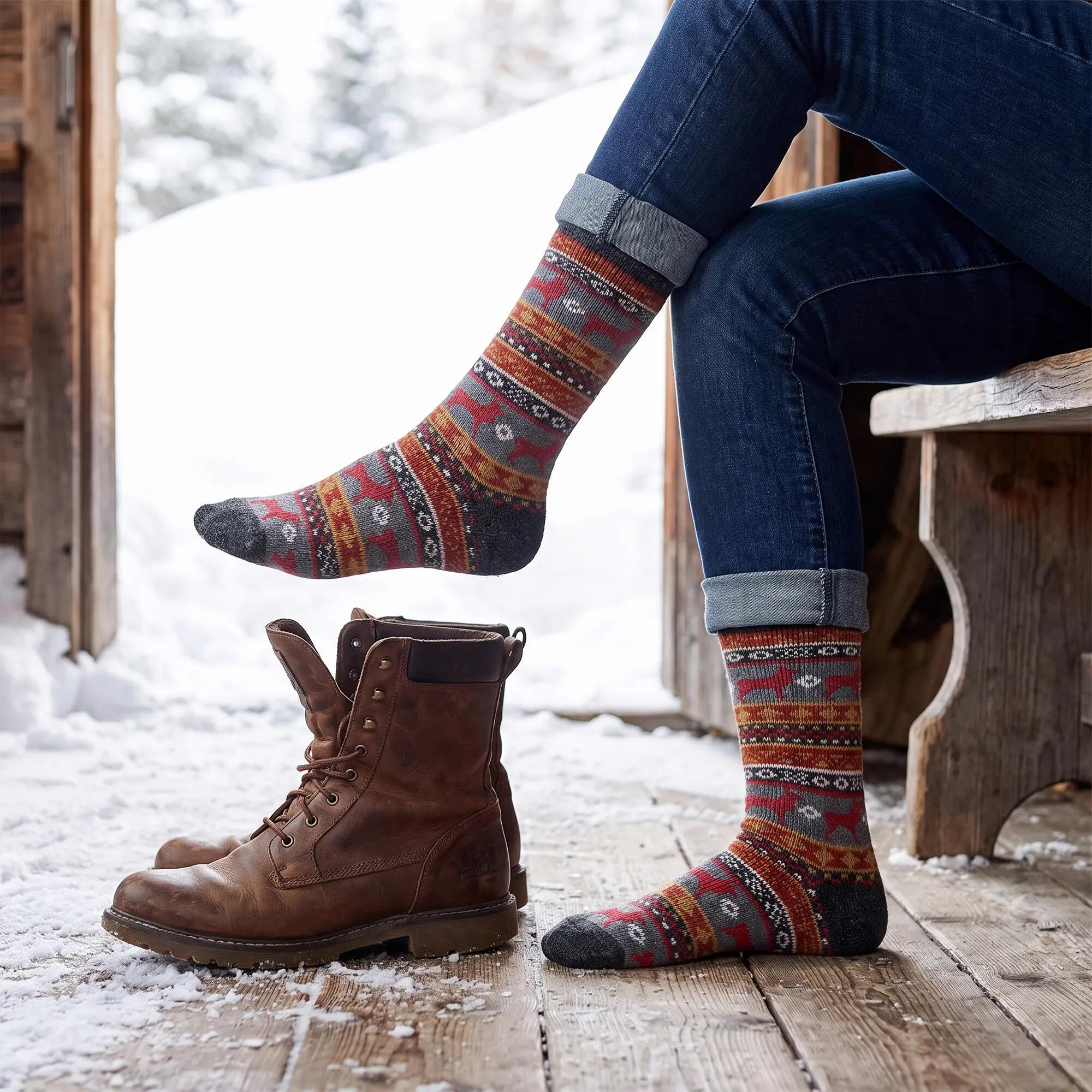 Damen Herren Freizeit Norweger Socken mit Merino- und Alpakawolle warm 4er Pack 3/5