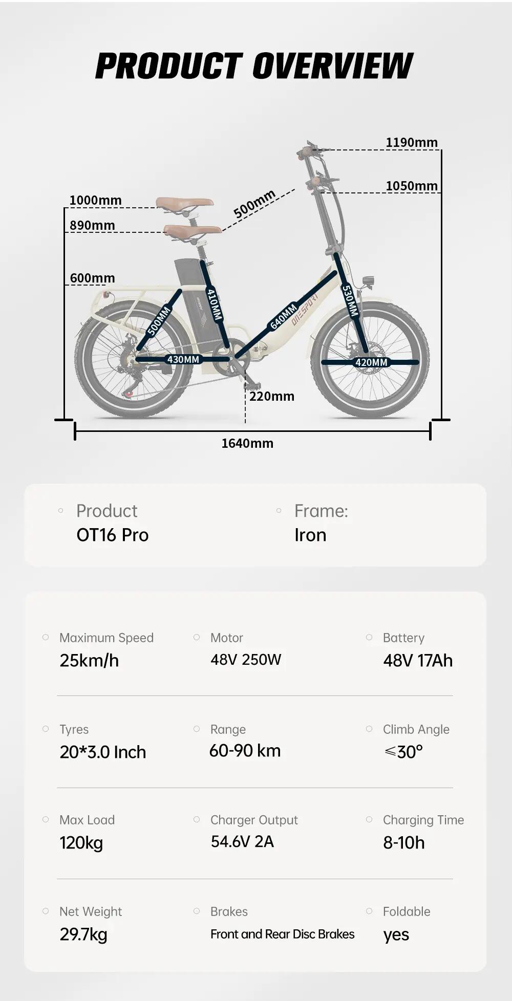 Vélo électrique pliant ONESPORT OT16 Pro, Batterie 48V17Ah, 20 pouces, APP 10/11