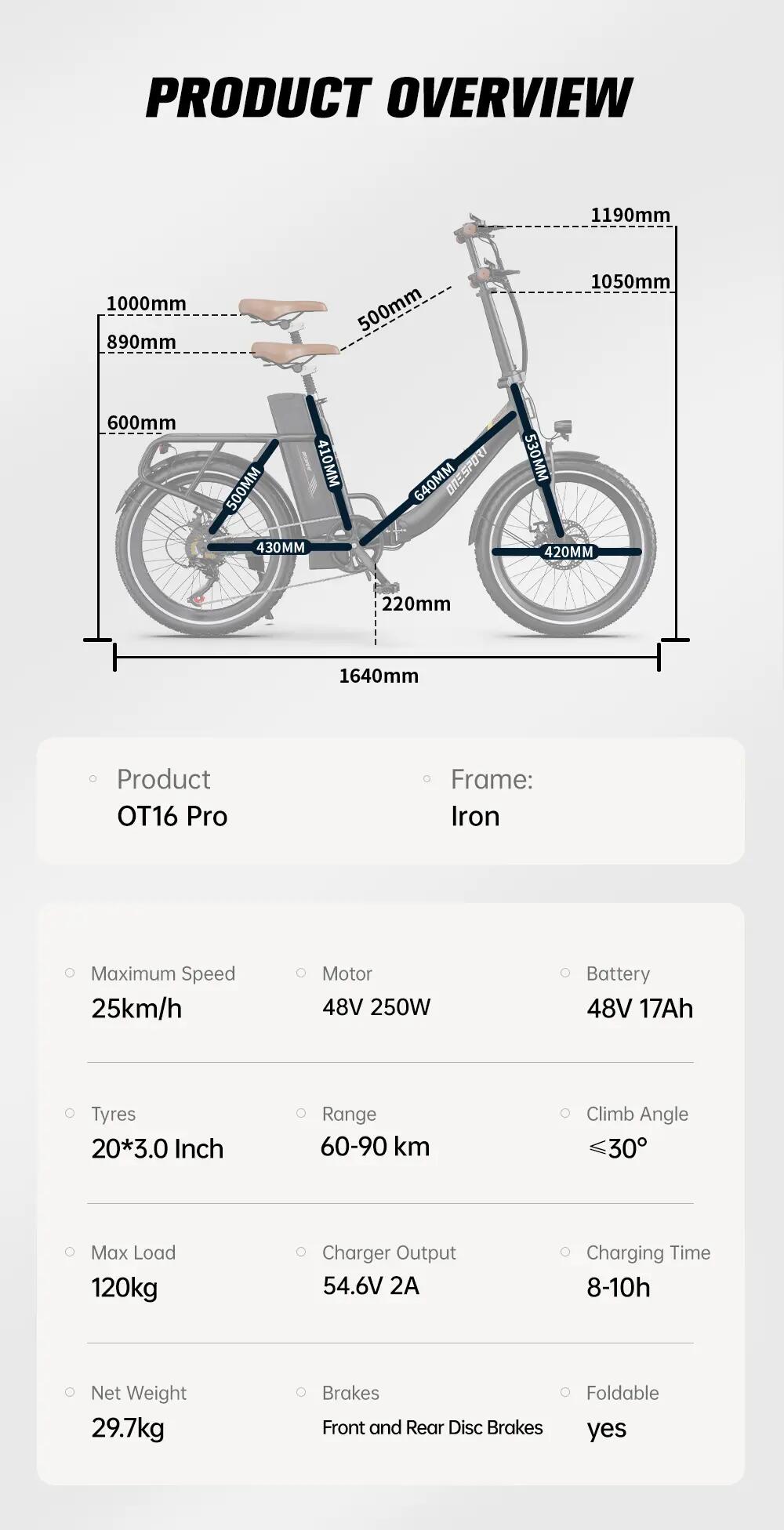 Vélo électrique pliant ONESPORT OT16 Pro, Batterie 48V17Ah, 20 pouces, APP 10/11