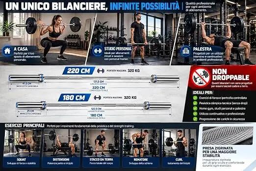 [Bilanciere Olimpico 180cm] Barra Pesi Ø50 mm Zigrinata con Bronzine 5/7