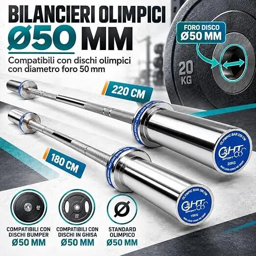 [Bilanciere Olimpico 180cm] Barra Pesi Ø50 mm Zigrinata con Bronzine 2/7