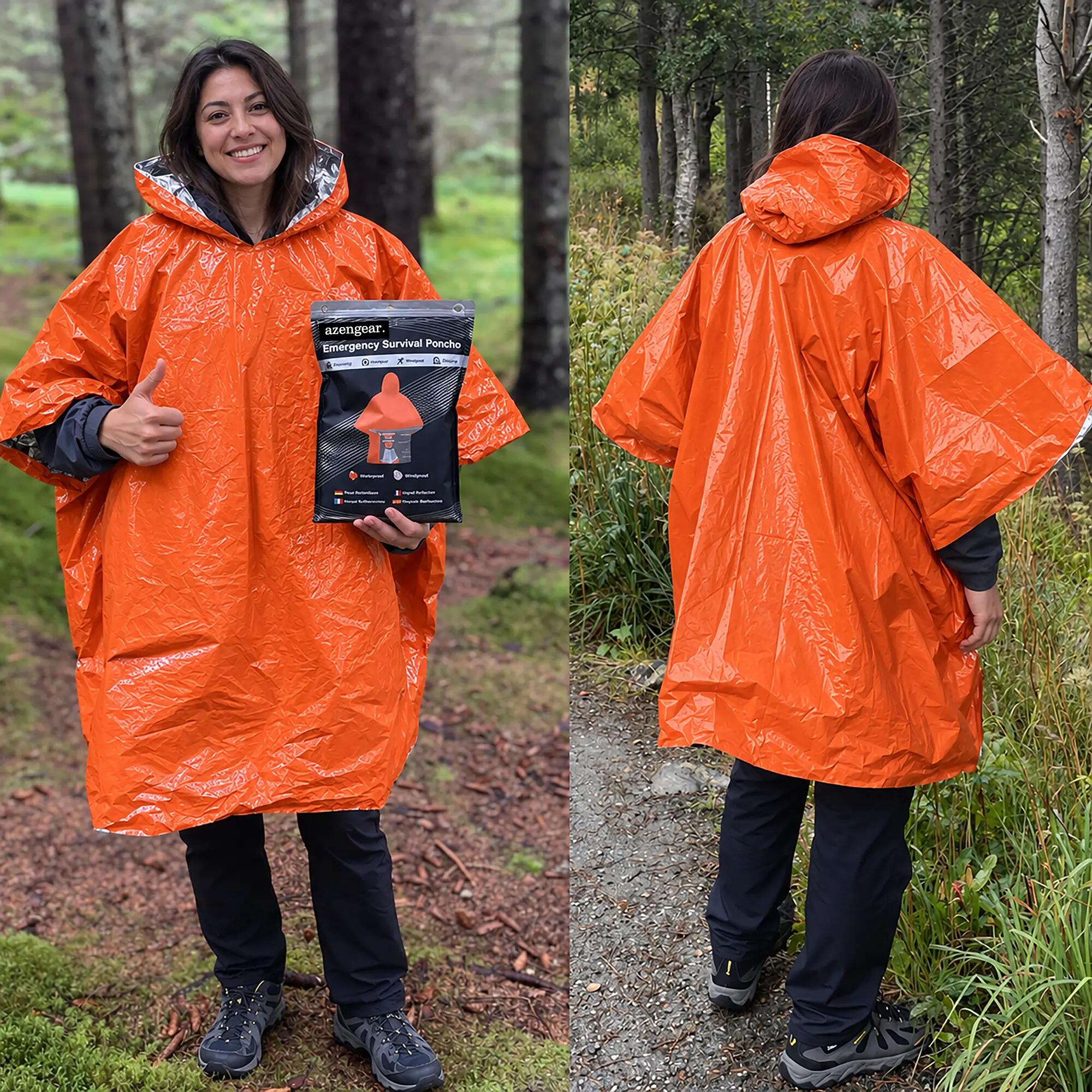 Emergency Survival Reversible Foil Poncho: Rain, Festivals, Hiking (Orange, 4pc) 7/14