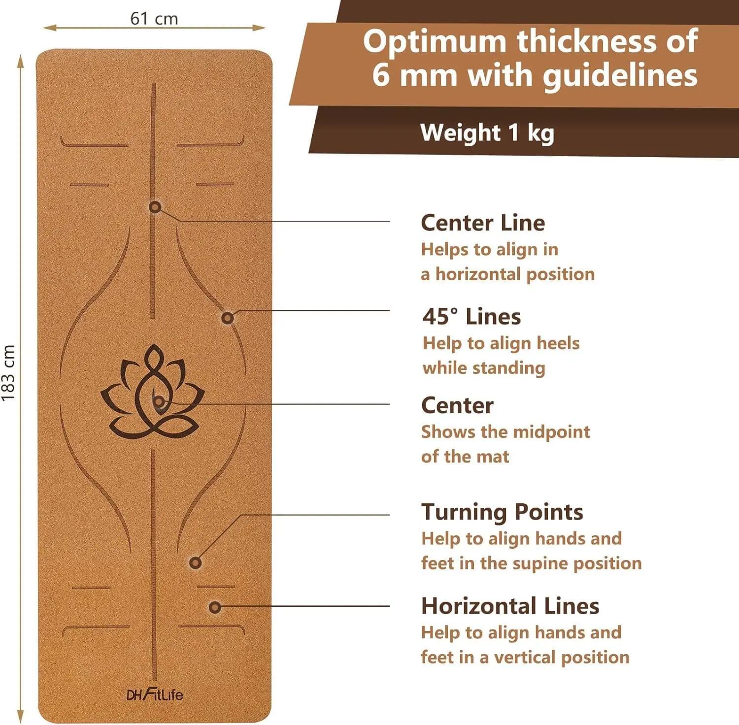 Tapis de yoga en liège et TPE, 183 x 61 x 0,6 cm - Grand Lotus 6/7