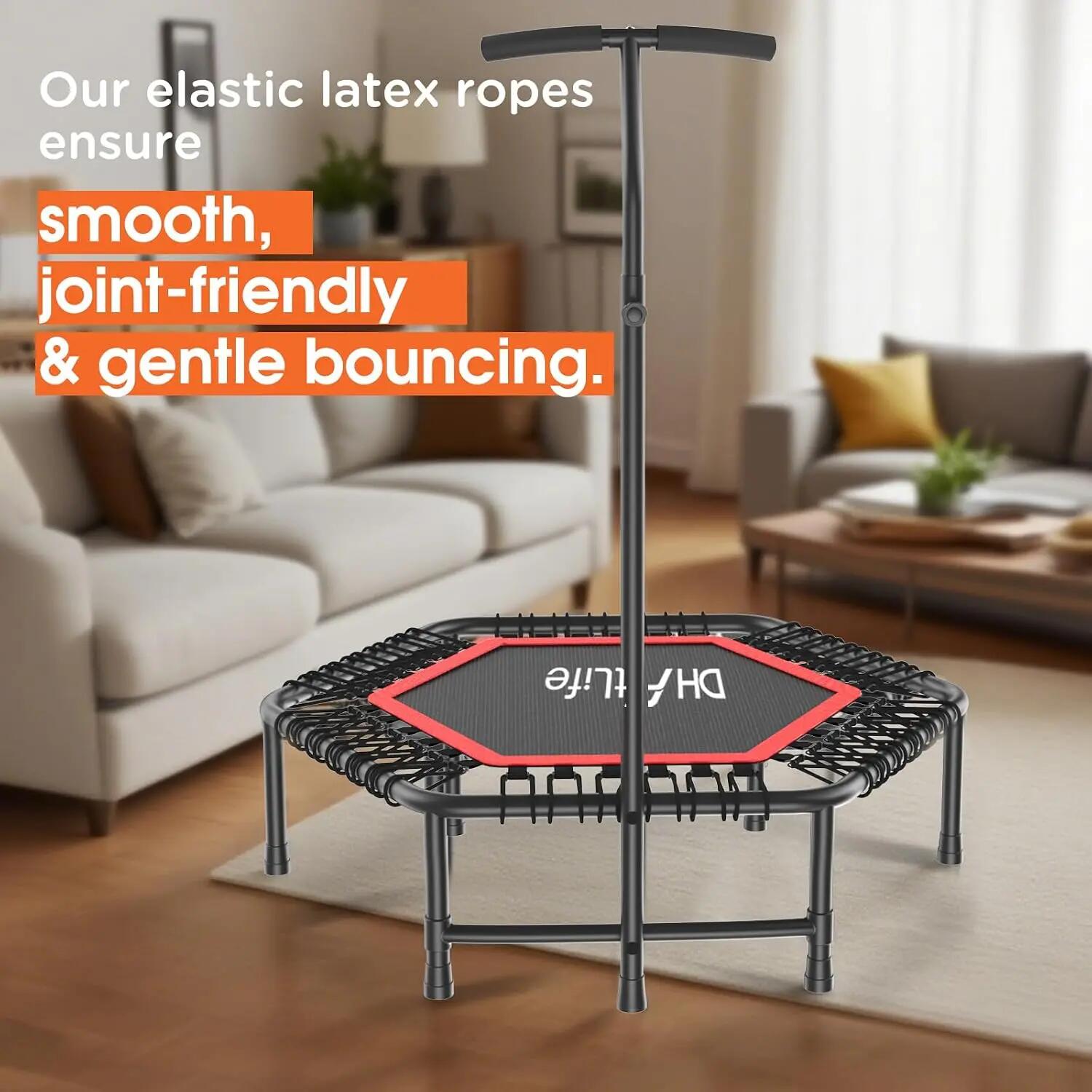 Fitness Trampolin Indoor Ø114 cm, stabil 150 kg mit Handgriff 4/8