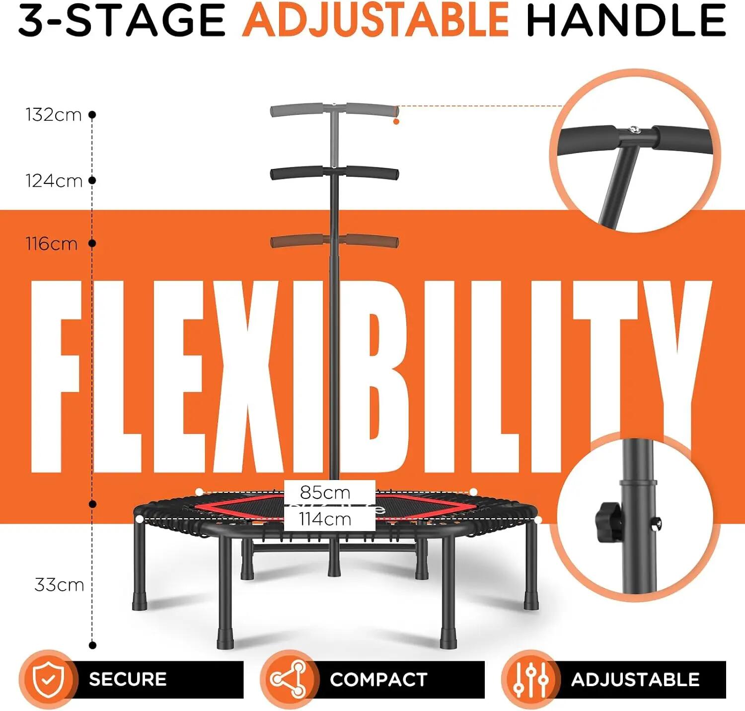 Fitness Trampolin Indoor Ø114 cm, stabil 150 kg mit Handgriff 3/8