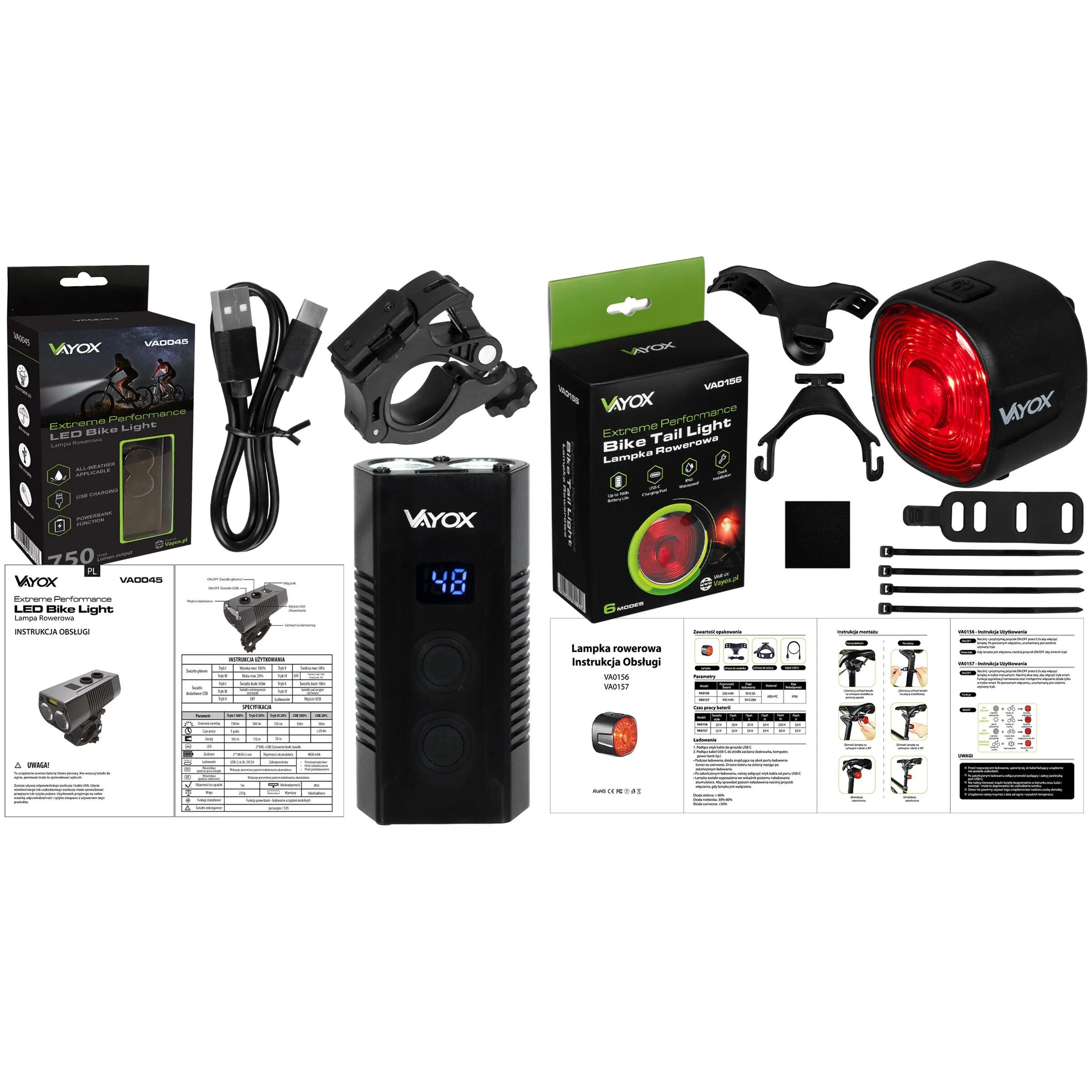 VAYOX VA0045 + VA0156 első és hátsó kerékpárlámpa-készlet POWERBANK 15/15