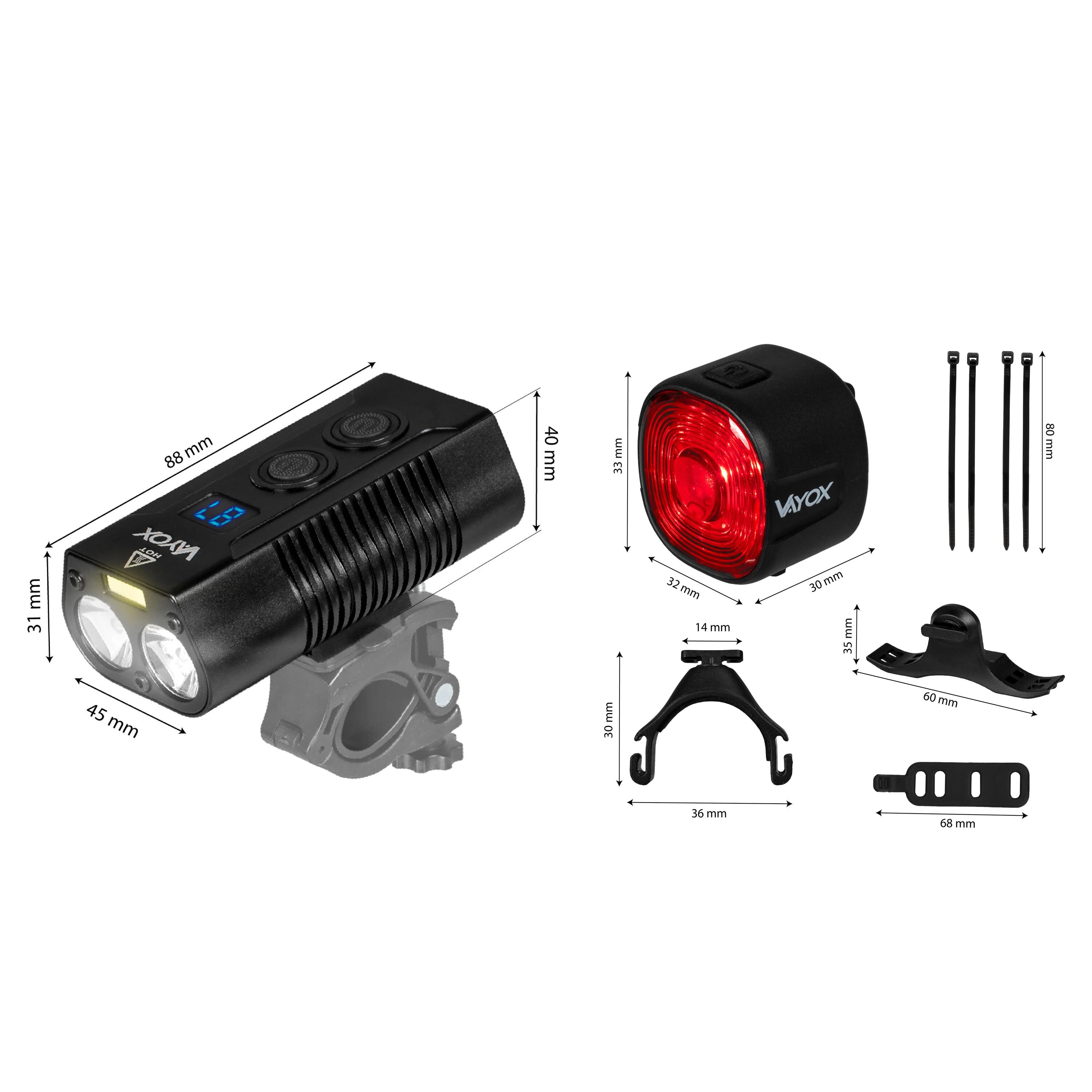 VAYOX VA0045 + VA0156 első és hátsó kerékpárlámpa-készlet POWERBANK 14/15