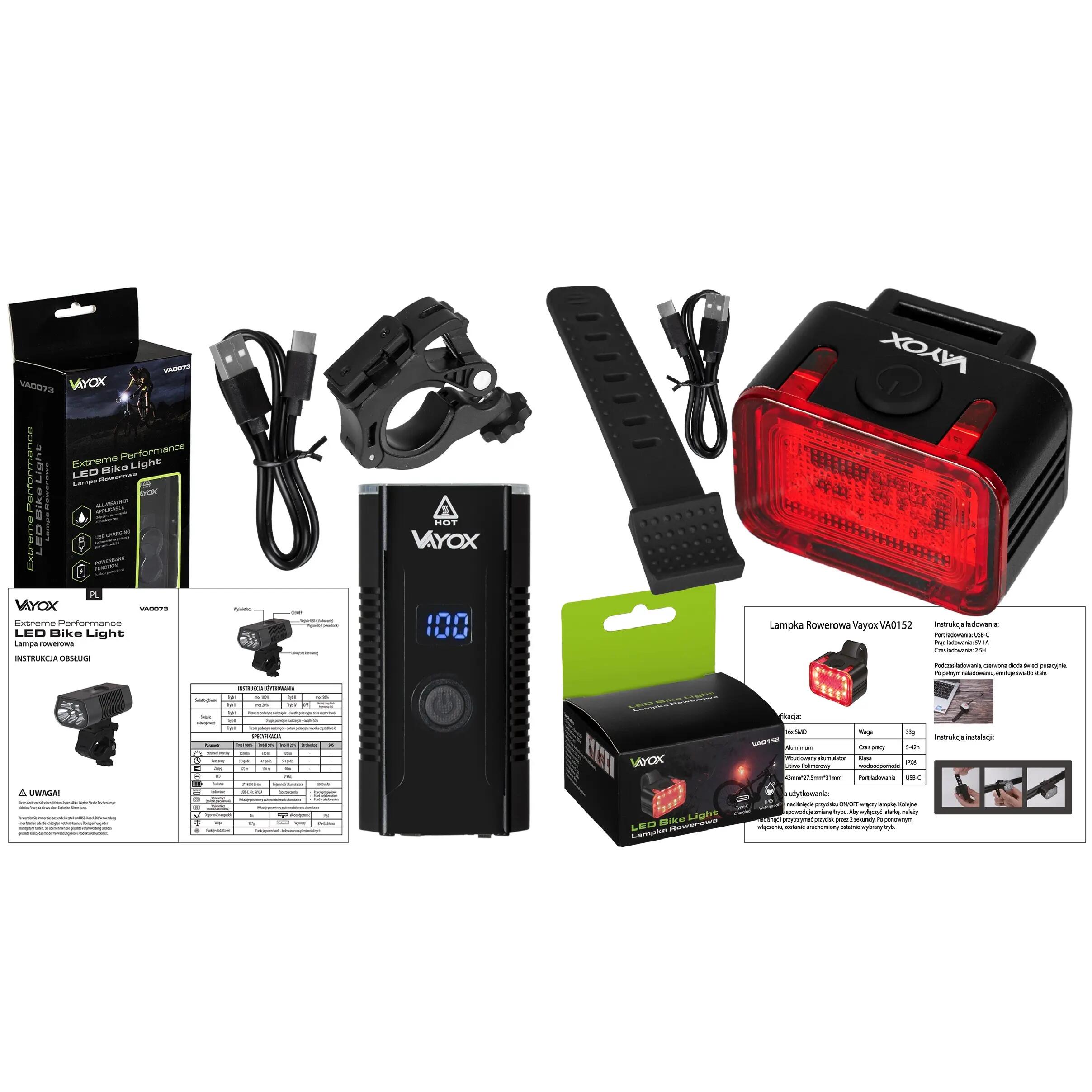 Súprava svetiel na bicykel VAYOX VA0073 + VA0152 predné a zadné POWERBANK 15/15