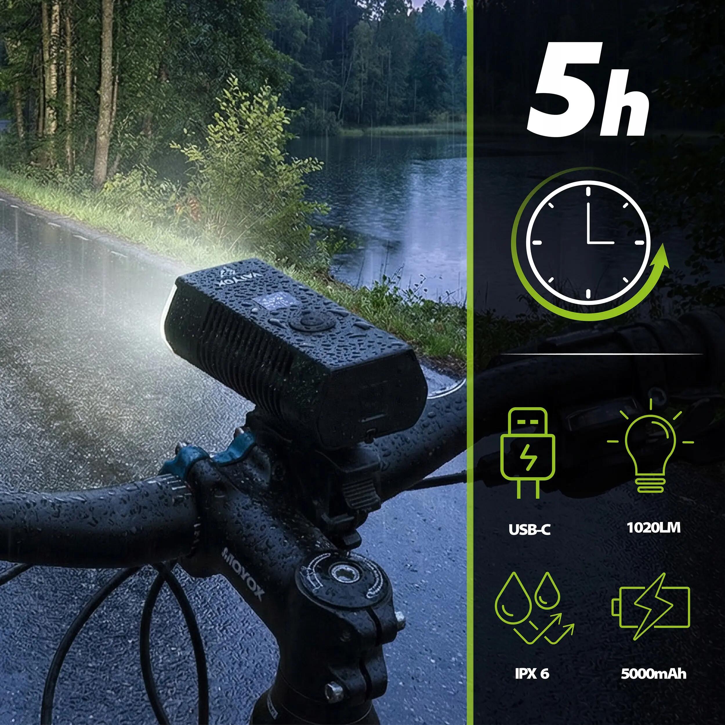 Kerékpár első lámpa Vayox VA0073 1020lm újratölthető LCD power bank 5/15