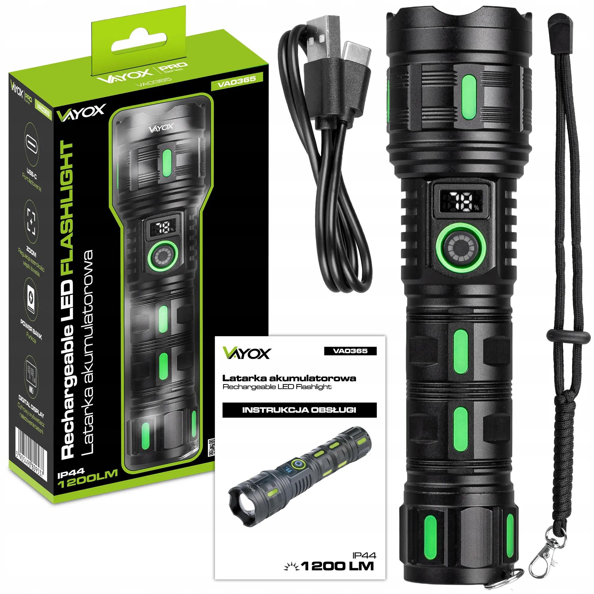 Akkumulátoros zseblámpa Vayox VA0365 USB-C ZOOM powerbank 1200lm 15/16