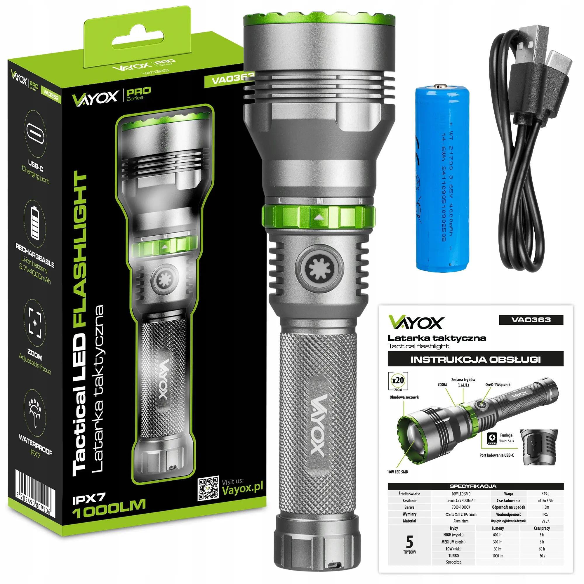 Akkumulátoros zseblámpa Vayox VA0363 USB-C ZOOM powerbank 1000lm 15/16
