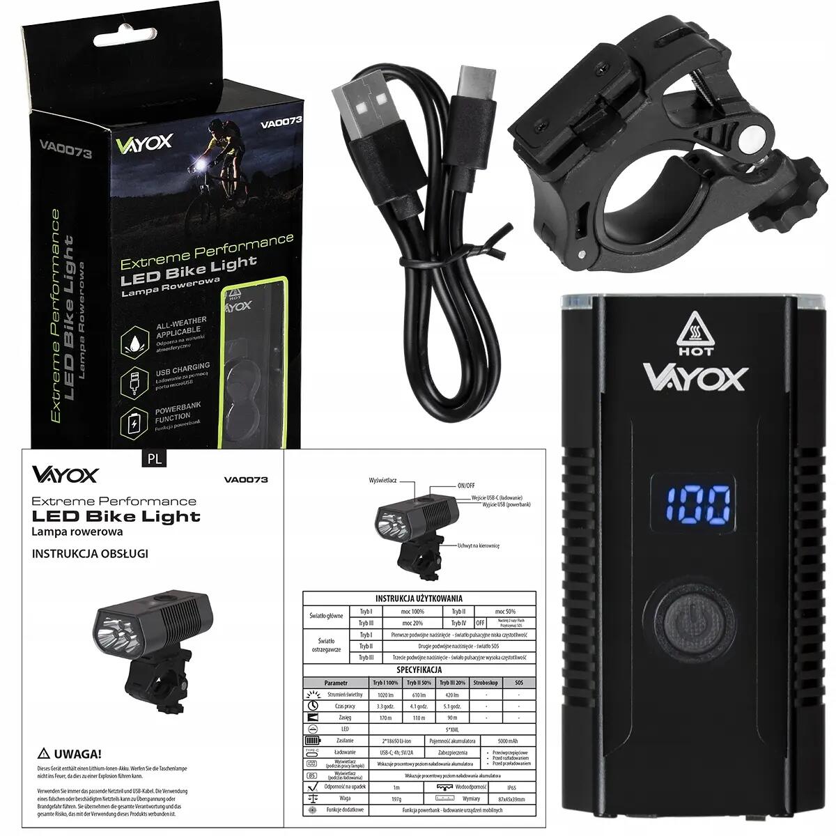 Kerékpár első lámpa Vayox VA0073 1020lm újratölthető LCD power bank 15/15