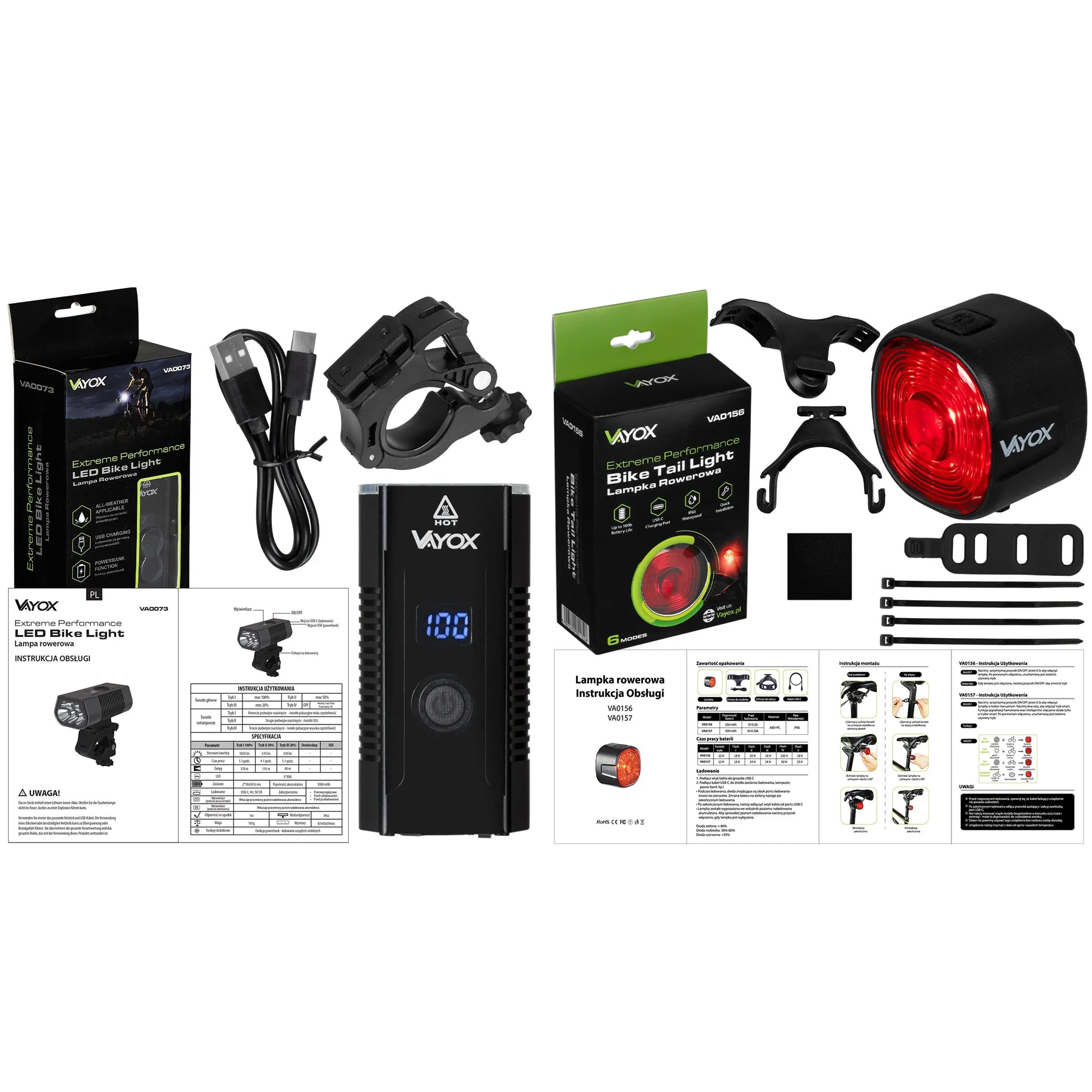 VAYOX VA0073 + VA0156 első és hátsó kerékpárlámpa-készlet POWERBANK 15/15