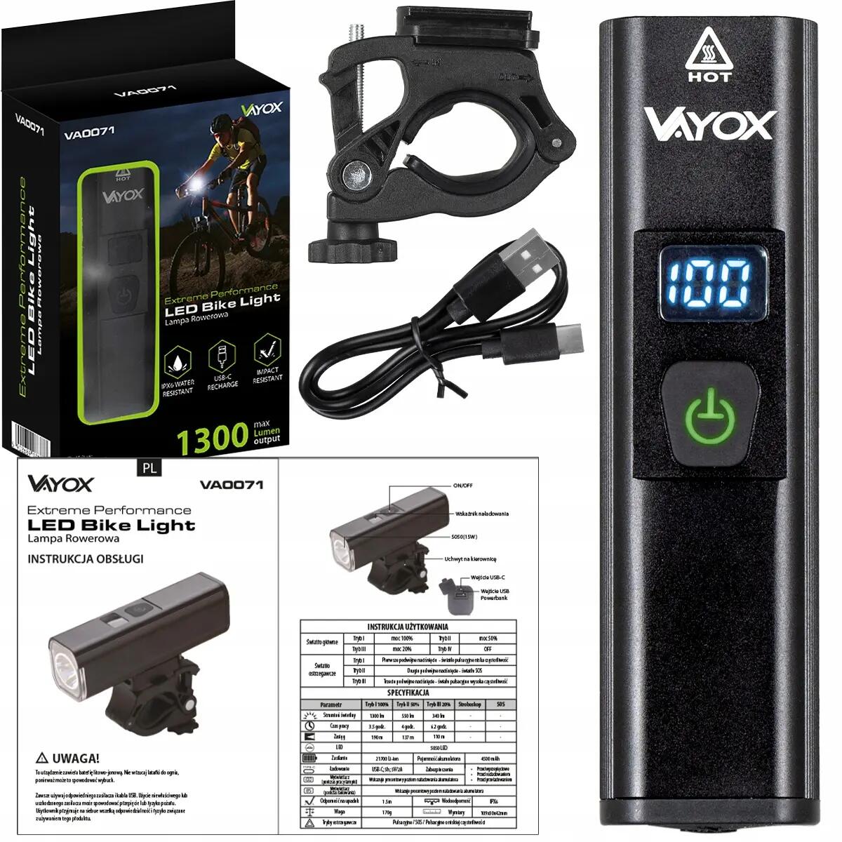 Kerékpár első lámpa Vayox VA0071 1300lm újratölthető LCD power bank 15/16