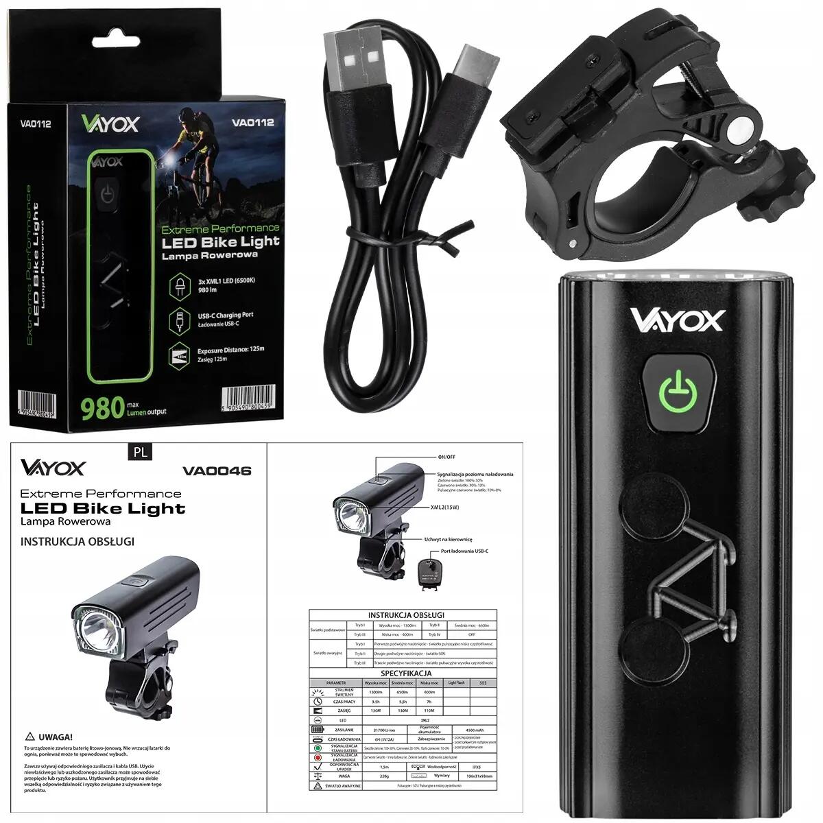 Kerékpár első lámpa Vayox VA0112 980lm akkumulátor powerbank 15/16