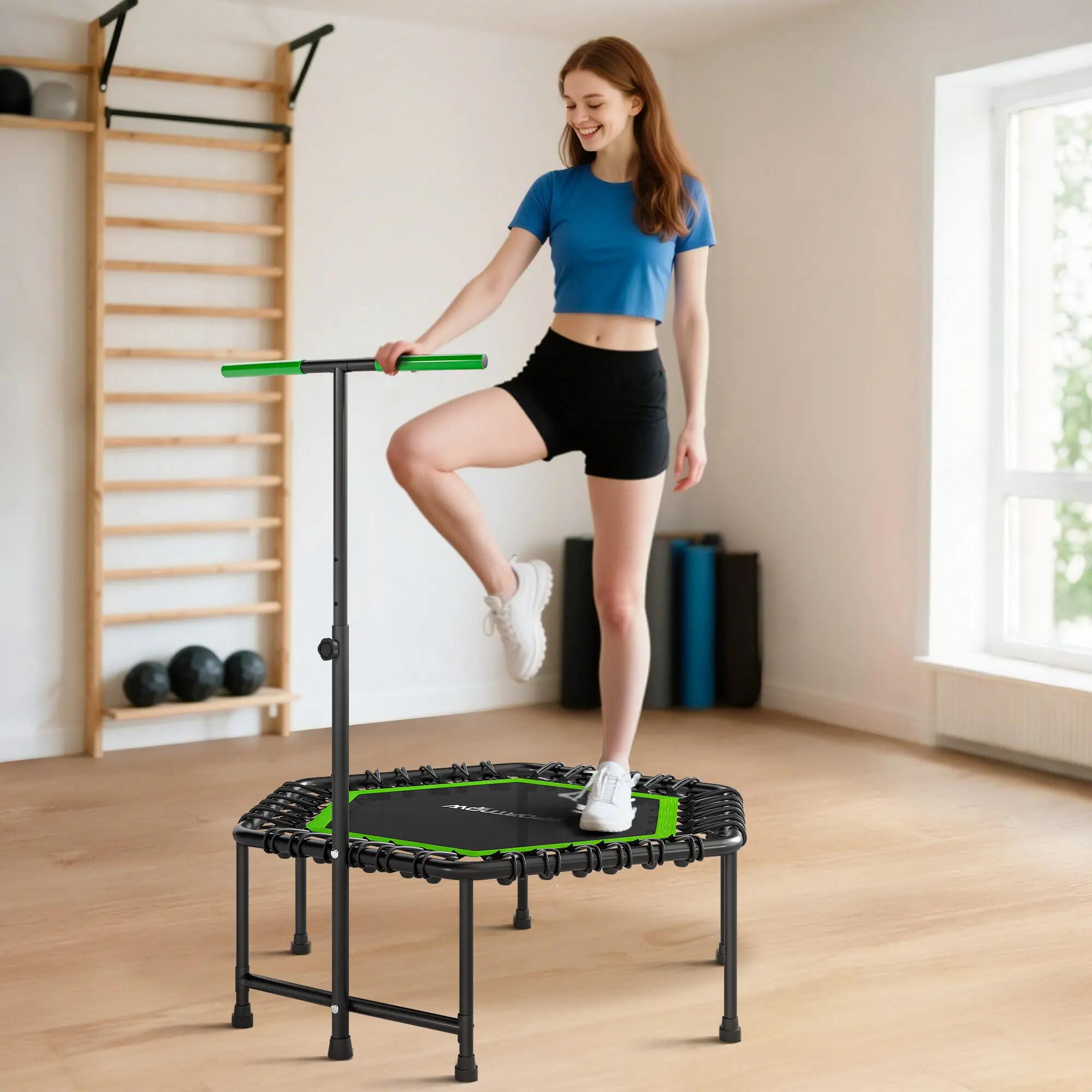 Trampoline 114x114x132 cm poignée ajustable 3 niveaux acier vert noir 3/6