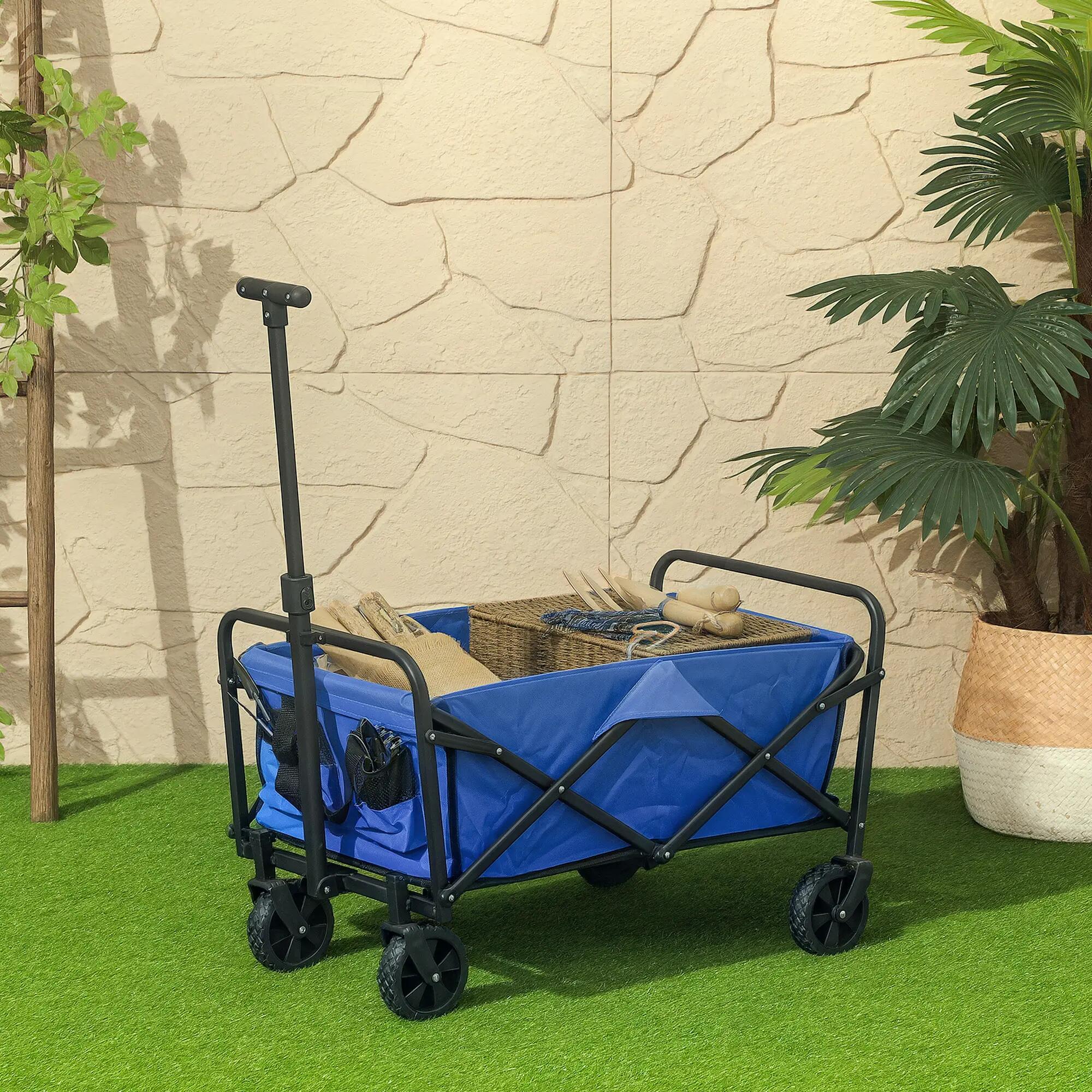 Chariot jardin pliable roues poignée télescopique 100 kg bleu 64x42x27 cm 4/6
