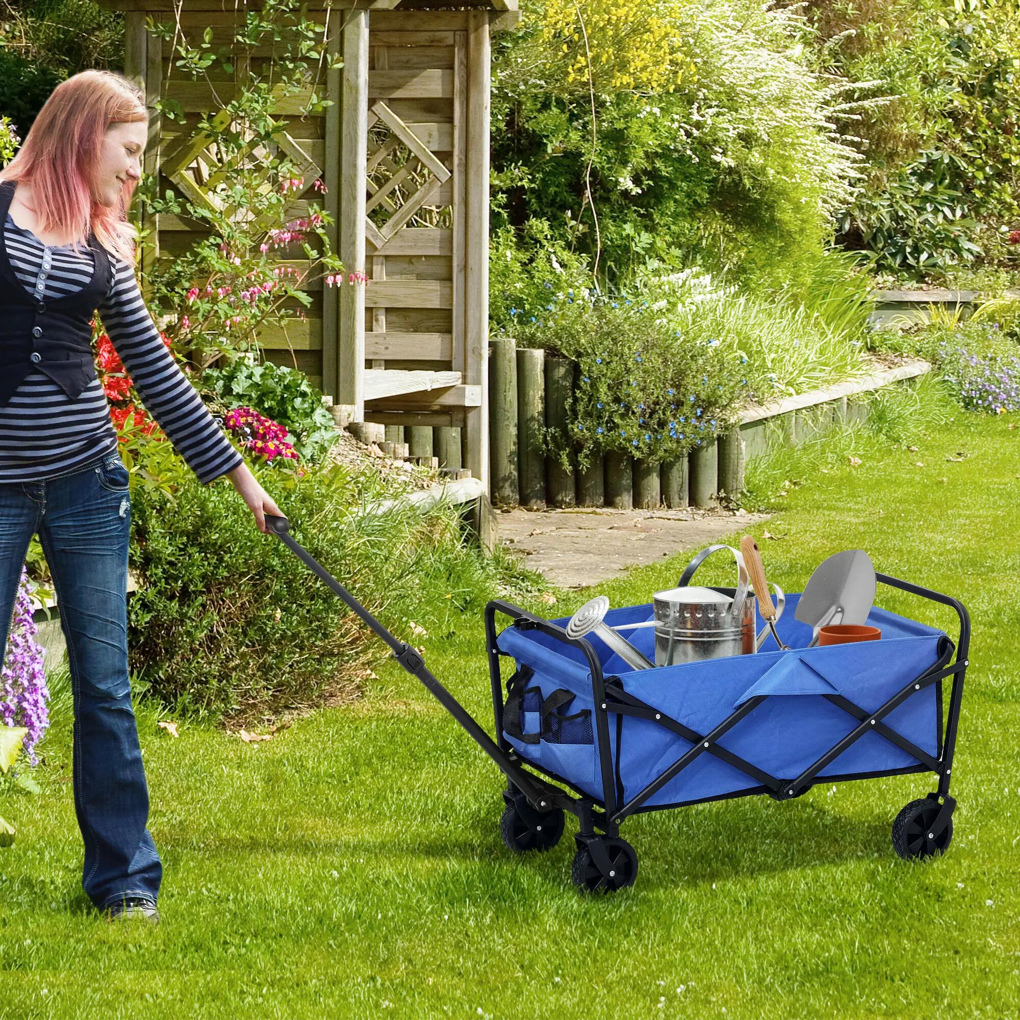 Chariot jardin pliable roues poignée télescopique 100 kg bleu 64x42x27 cm 3/6