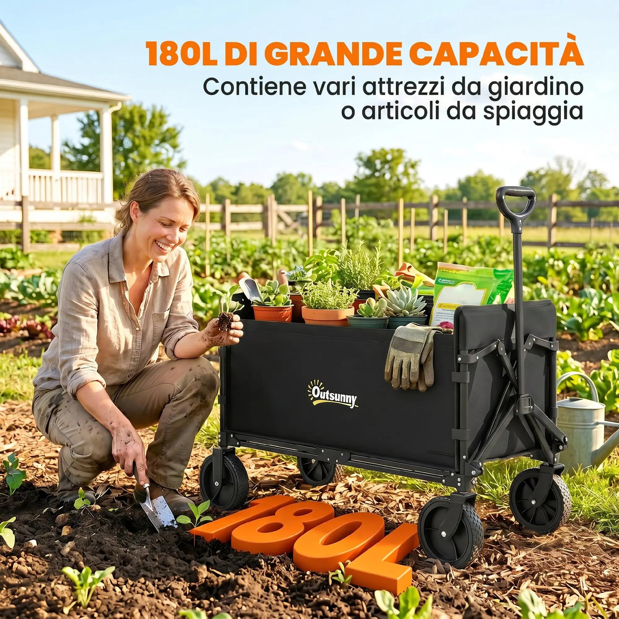 Chariot jardin 180L pliable panneau ouvrant acier polyester noir 6/6