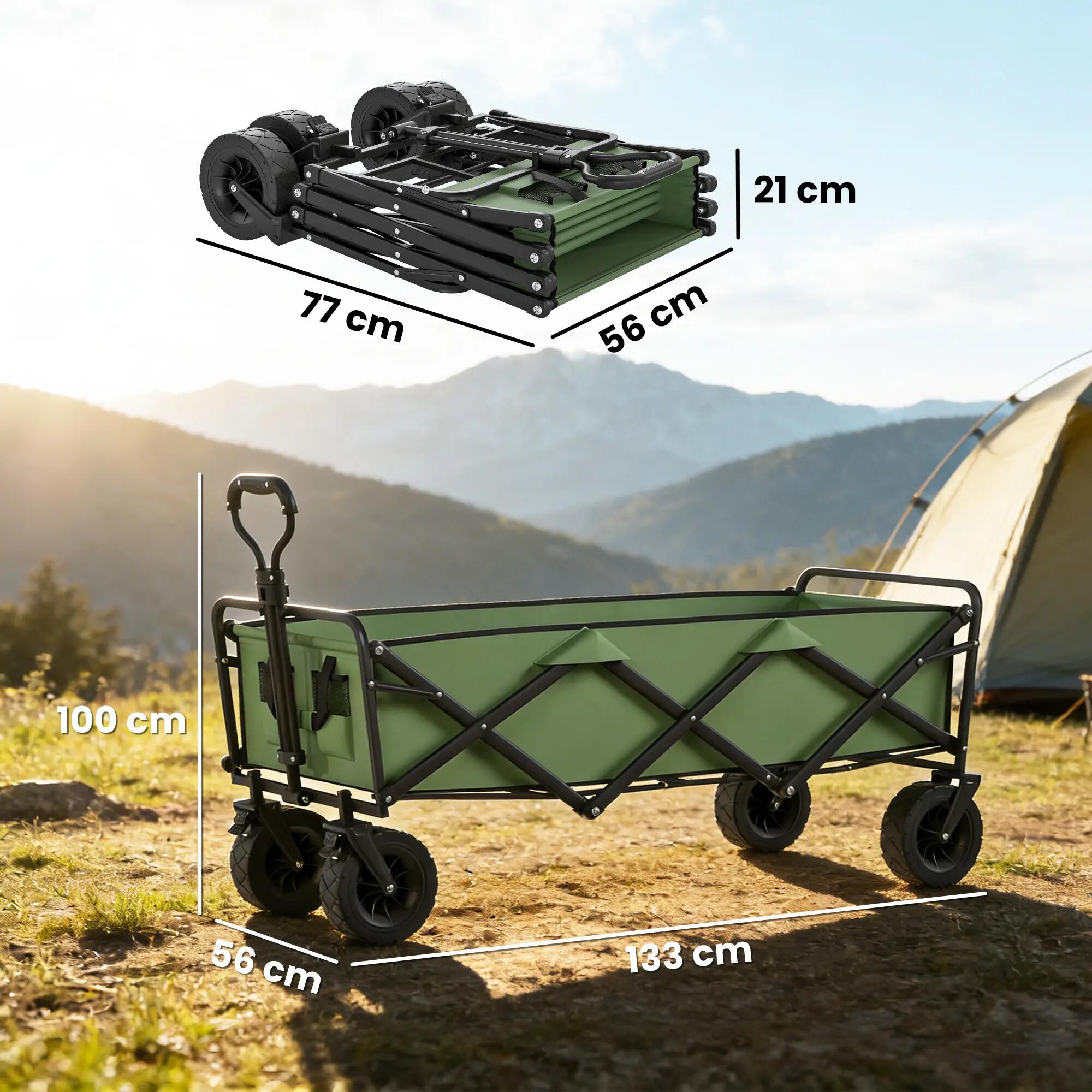 Chariot jardin 130L pliable roues freins poignée réglable vert 5/6