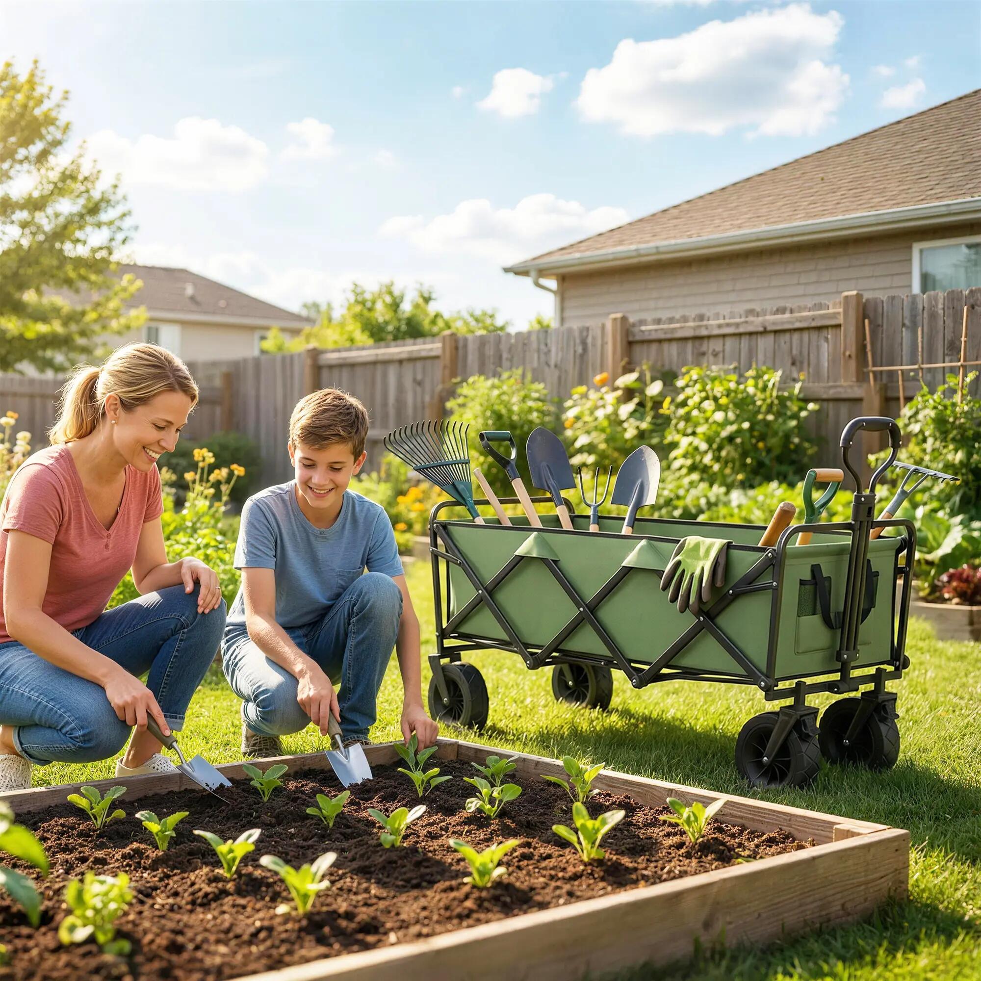 Chariot jardin 130L pliable roues freins poignée réglable vert 4/6