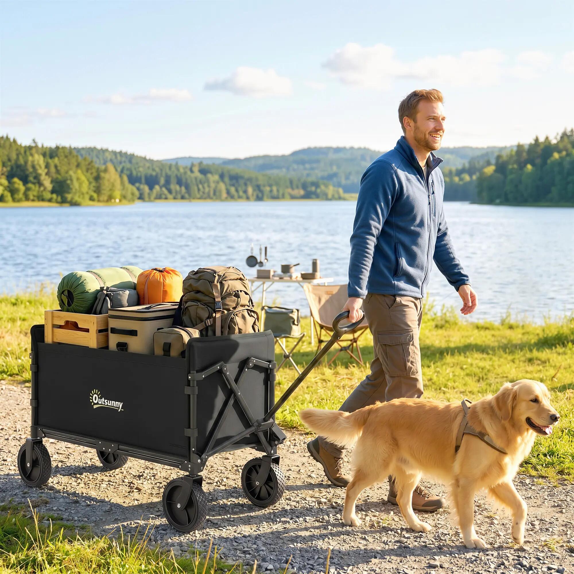 Chariot jardin 180L pliable panneau ouvrant acier polyester noir 3/6