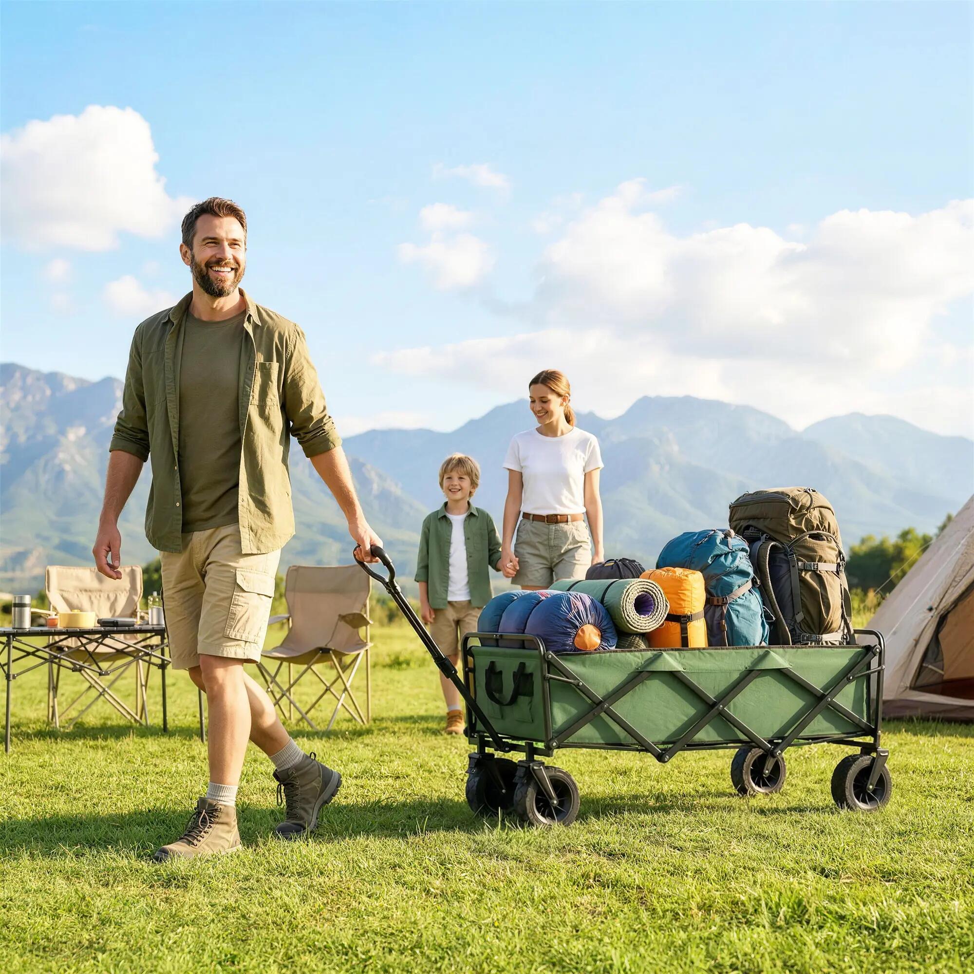 Chariot jardin 130L pliable roues freins poignée réglable vert 3/6