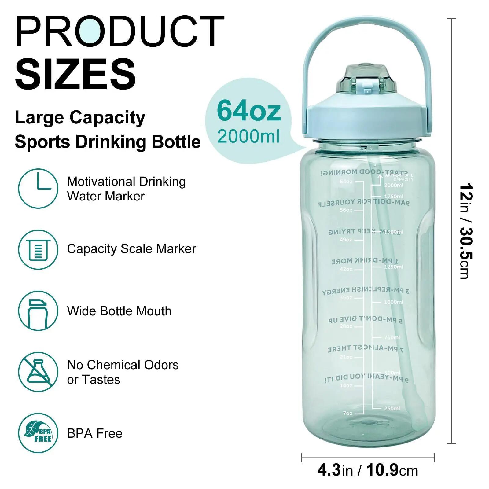 Gourde motivante - Verte - Gourde - 2 L - Gourde avec paille - Gourde de sport - 2/7
