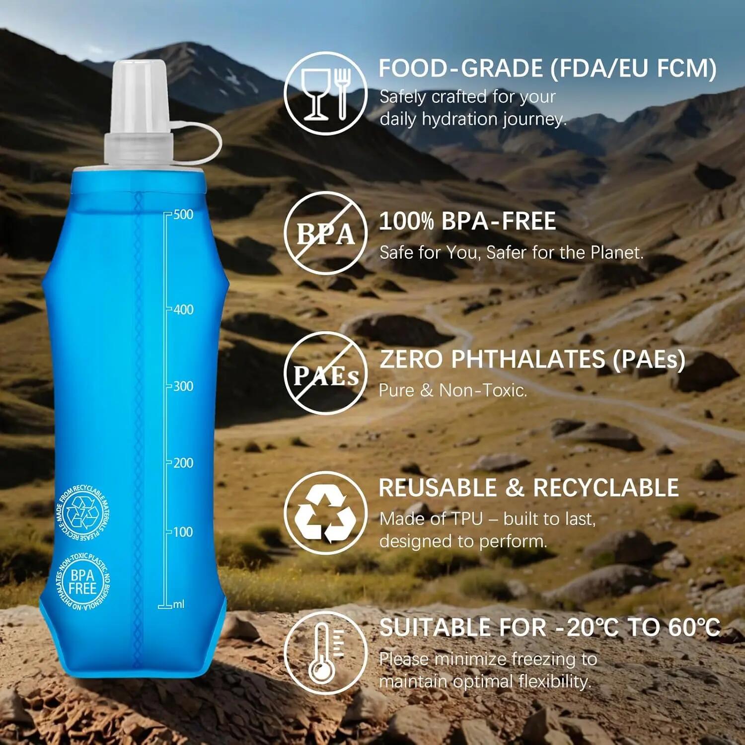 Lot de 2 gourdes souples - TPU sans BPA 500 ml - Réutilisables - Étanches 4/8