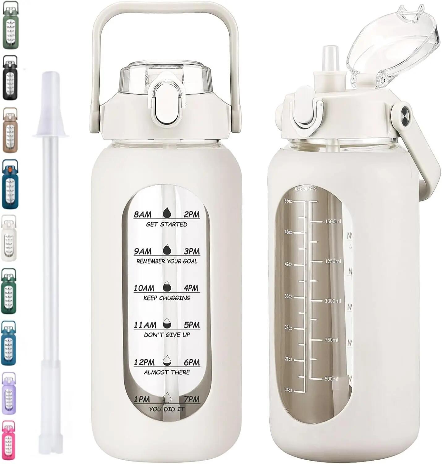 Bouteille d'eau en verre de 1,9 L avec paille, bouteille motivante avec housse e 1/6