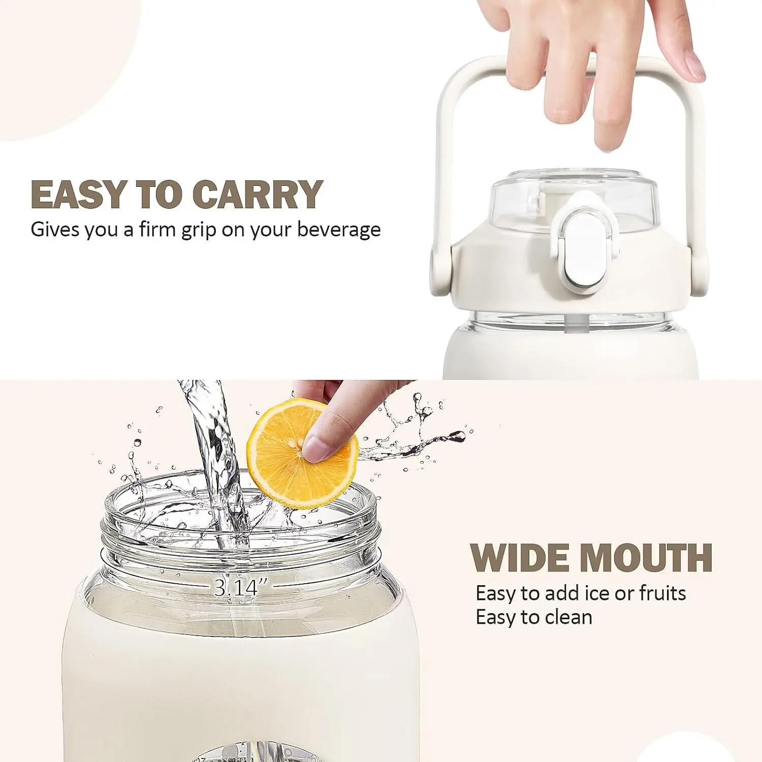 Bouteille d'eau en verre de 1,9 L avec paille, bouteille motivante avec housse e 5/6