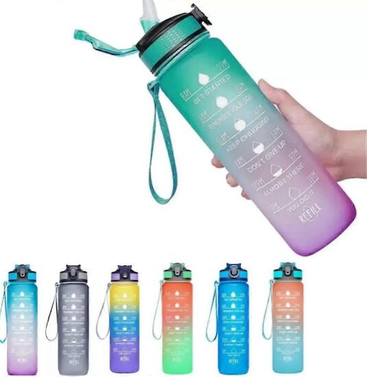 Gourde de 1000 ml avec indicateur de temps, étanche, avec paille et filtre, en T