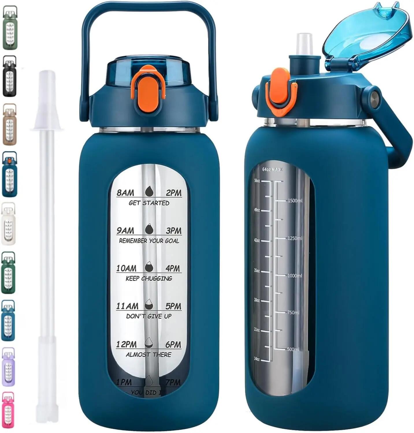 Bouteille d'eau en verre de 1,9 L avec paille, bouteille motivante 1/6