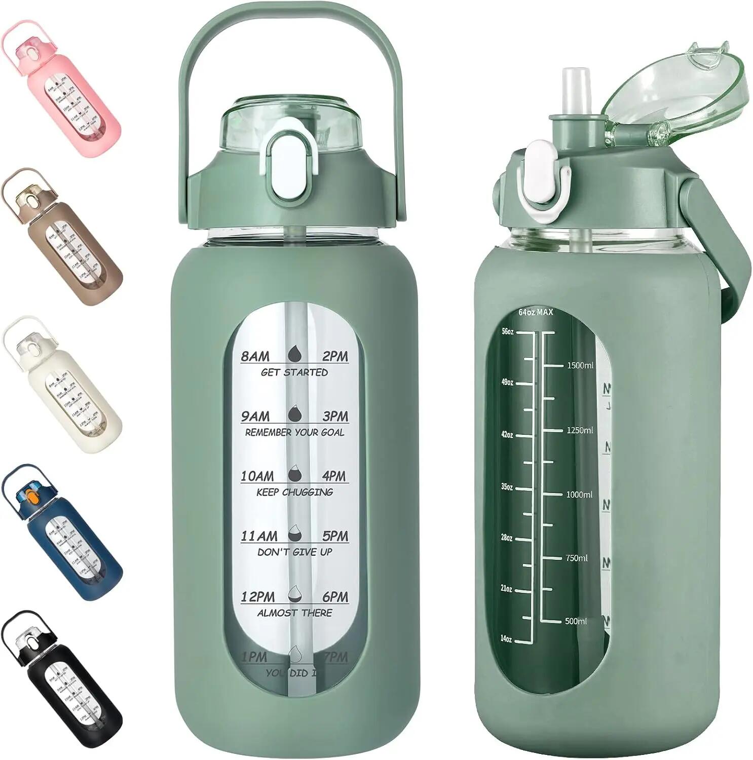 Bouteille d'eau en verre de 1,9 L avec paille, bouteille motivante avec housse e 1/6