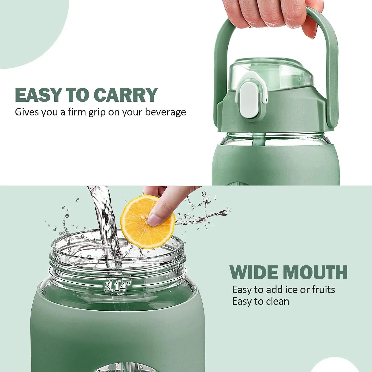 Bouteille d'eau en verre de 1,9 L avec paille, bouteille motivante avec housse e 5/6